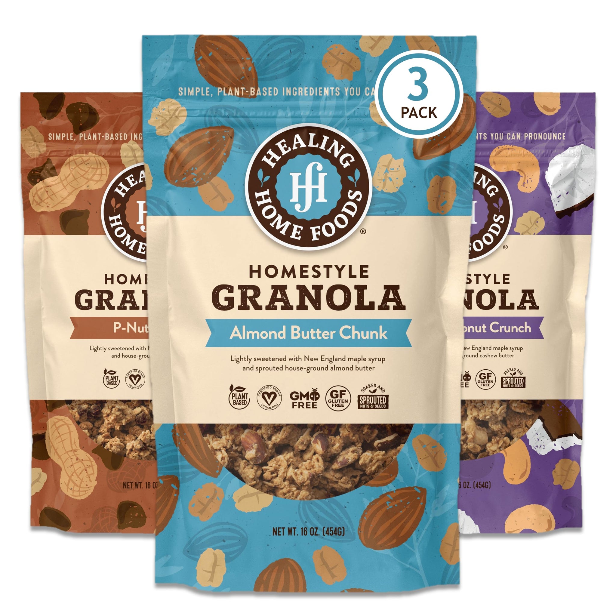 Healing Home Foods Variety P-Nutty Chip, Almond Butter Chunk, Cashew Coconut Crunch, Gluten Free Granola Mix, Low Sugar Granola Clusters, Vegan