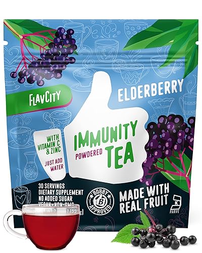 FlavCity Immunity Tea Powder - Vitamin C, Zinc, & Elderberry Herbal Tea for Immune Support - Non GMO & Sugar Free (30 Servings)