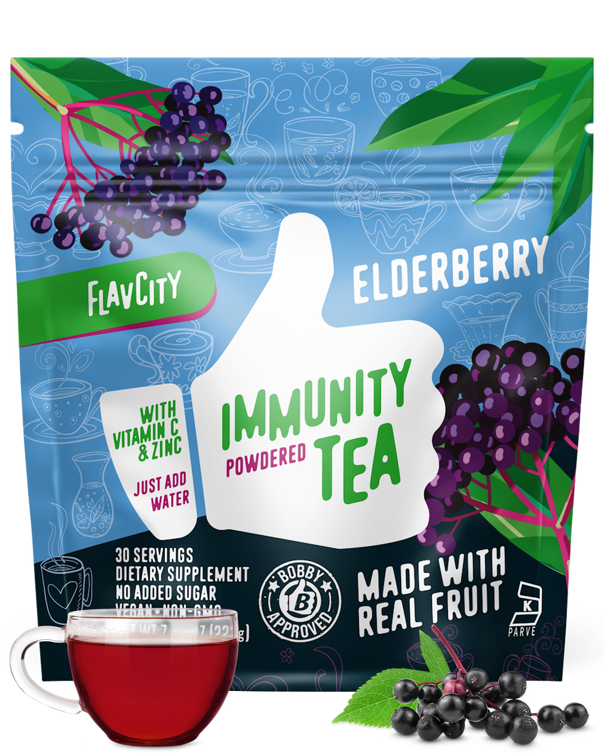 FlavCity Immunity Tea Powder - Vitamin C, Zinc, & Elderberry Herbal Tea for Immune Support - Non GMO & Sugar Free (30 Servings)