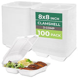Freshware Clamshell Food Containers with Lids [8x8"] 3-Compartment 100-Pack, Disposable To Go Containers, Biodegradable Sugarcane To Go Boxes - Paper
