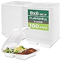 Freshware Clamshell Food Containers with Lids [8x8"] 3-Compartment 100-Pack, Disposable To Go Containers, Biodegradable Sugarcane To Go Boxes - Paper
