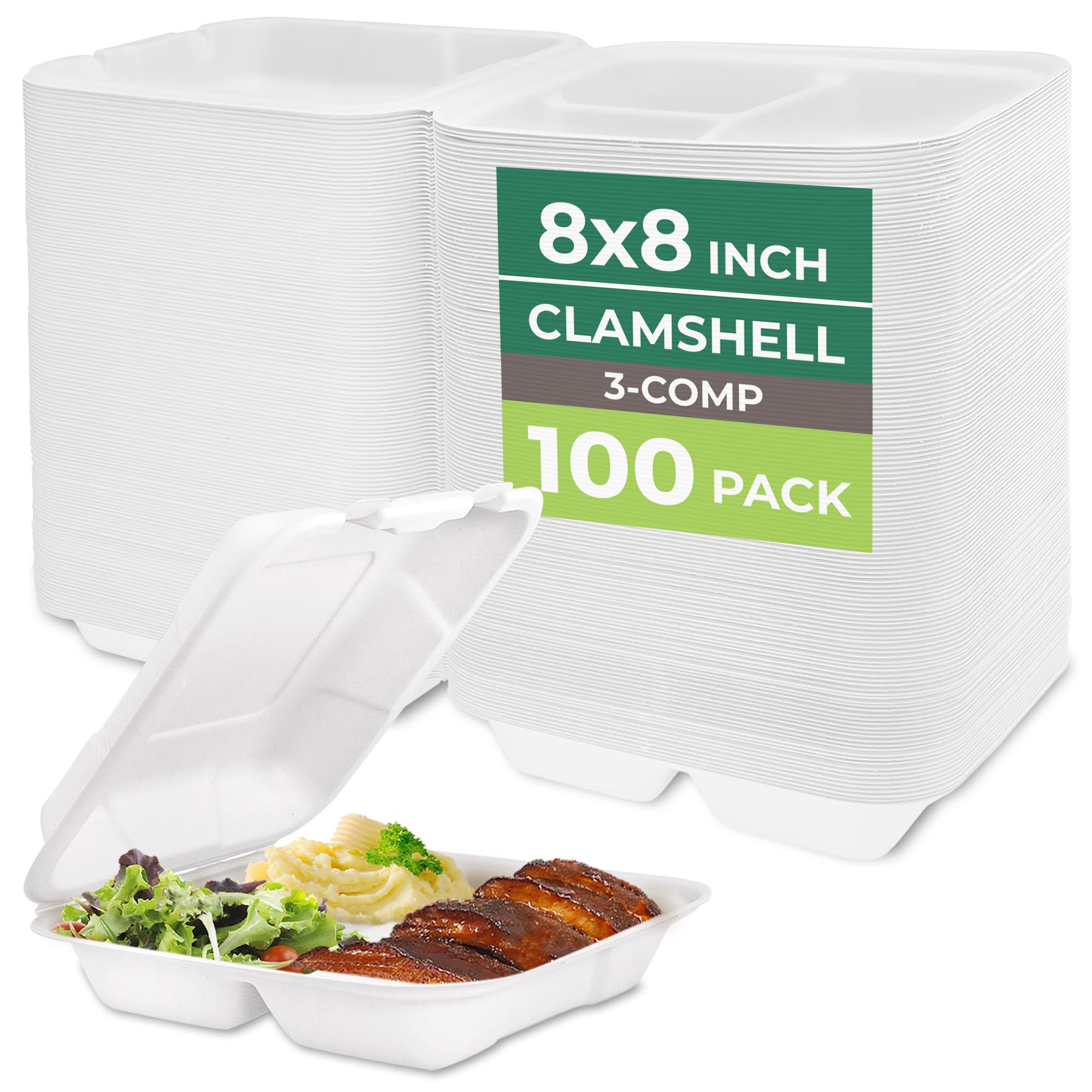Freshware Clamshell Food Containers with Lids [8x8"] 3-Compartment 100-Pack, Disposable To Go Containers, Biodegradable Sugarcane To Go Boxes - Paper