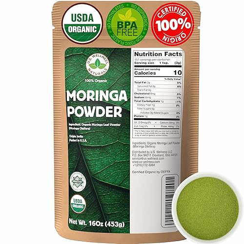 U.S. Wellness Naturals Moringa Powder 1LB (16Oz) 100% Certified Organic| 100% Pure Moringa Leaf NO Stems| - Raw from India | Smoothies | Drinks | Tea