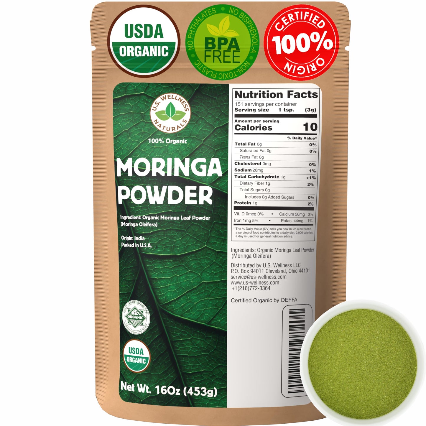 U.S. Wellness Naturals Moringa Powder 1LB (16Oz) 100% Certified Organic| 100% Pure Moringa Leaf NO Stems| - Raw from India | Smoothies | Drinks | Tea