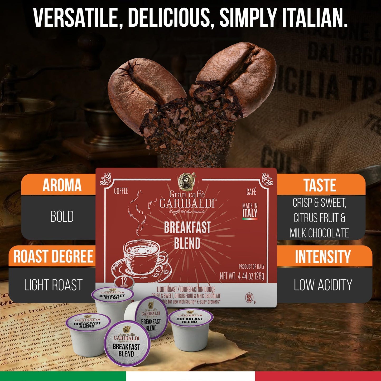 Caffè Garibaldi Breakfast Blend Coffee Pods, Single-Serve Capsules for Keurig K-Cup Brewers, Single Serve Cups with 100% Arabica Blend, 72 Count