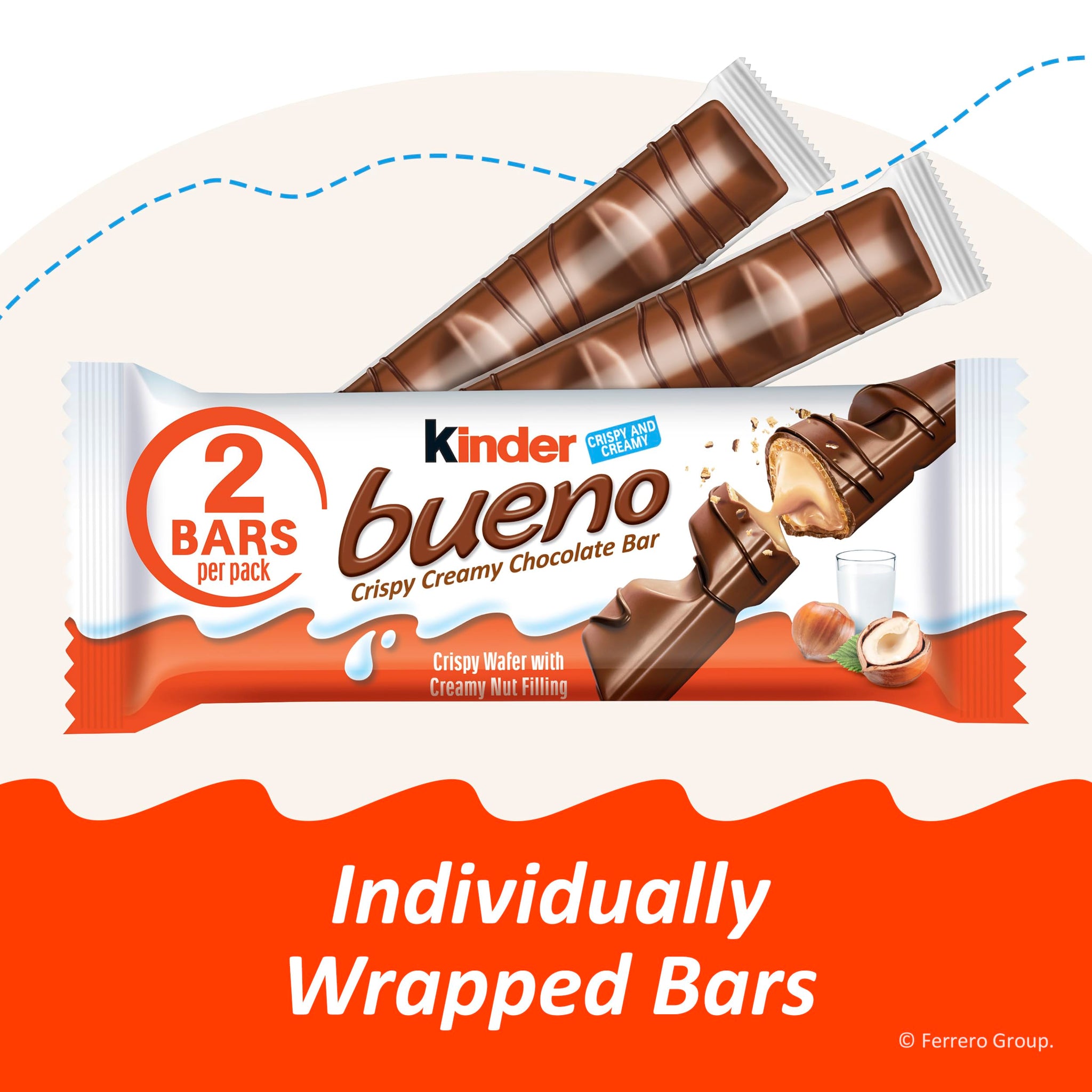 Kinder Bueno Milk Chocolate Bars with Crispy Wafer and Hazelnut Cream, 2 Bars per Pack, 1.5 oz Each