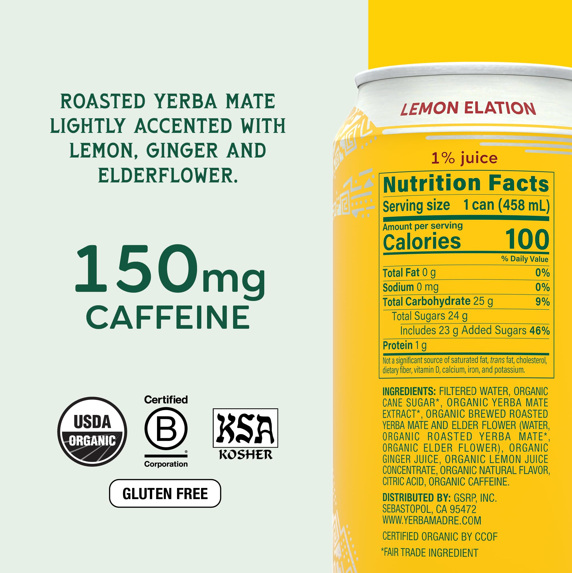 Yerba Madre Organic Yerba Mate, Lemon Elation, 150mg Natural Caffeine, Energy Drink Alternative, No Jitters or Crash, 15.5 Oz Cans (Pack of 12)