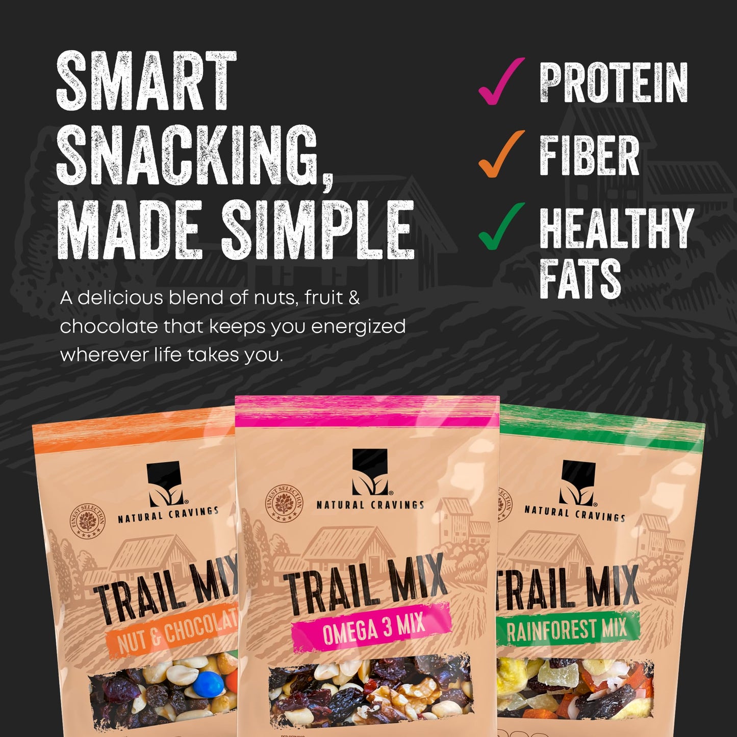Natural Cravings Trail Mix Snack Packs Variety - 5 Bags - Dried Fruit Mix & Nuts Mix with Chocolate Chips, Peanuts, Cranberries, Raisins, Walnuts