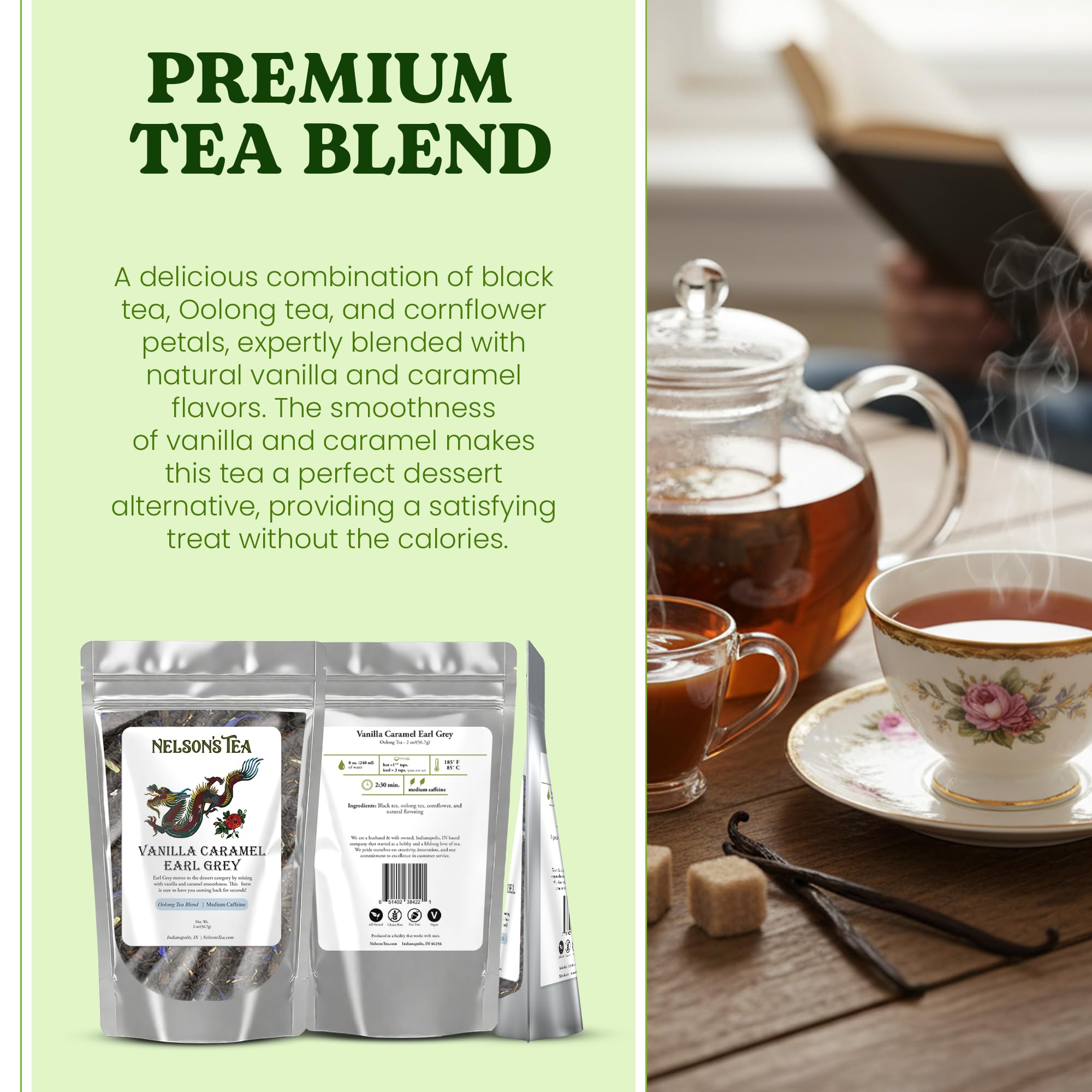 Nelson's Tea - Vanilla Caramel Earl Grey Loose Leaf Tea- Blend of Black Tea, Oolong, Cornflower Petals, and Natural Flavors- Tea or Dessert Smoothness
