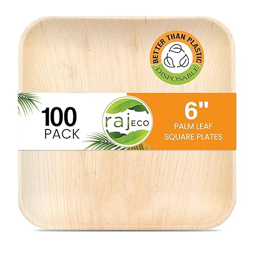 Raj Palm Leaf Plates [100-Pack] 6" Square Plates like Bamboo plates Disposable, Strong, Decorative Compostable Tableware for wedding, Lunch, Dinner