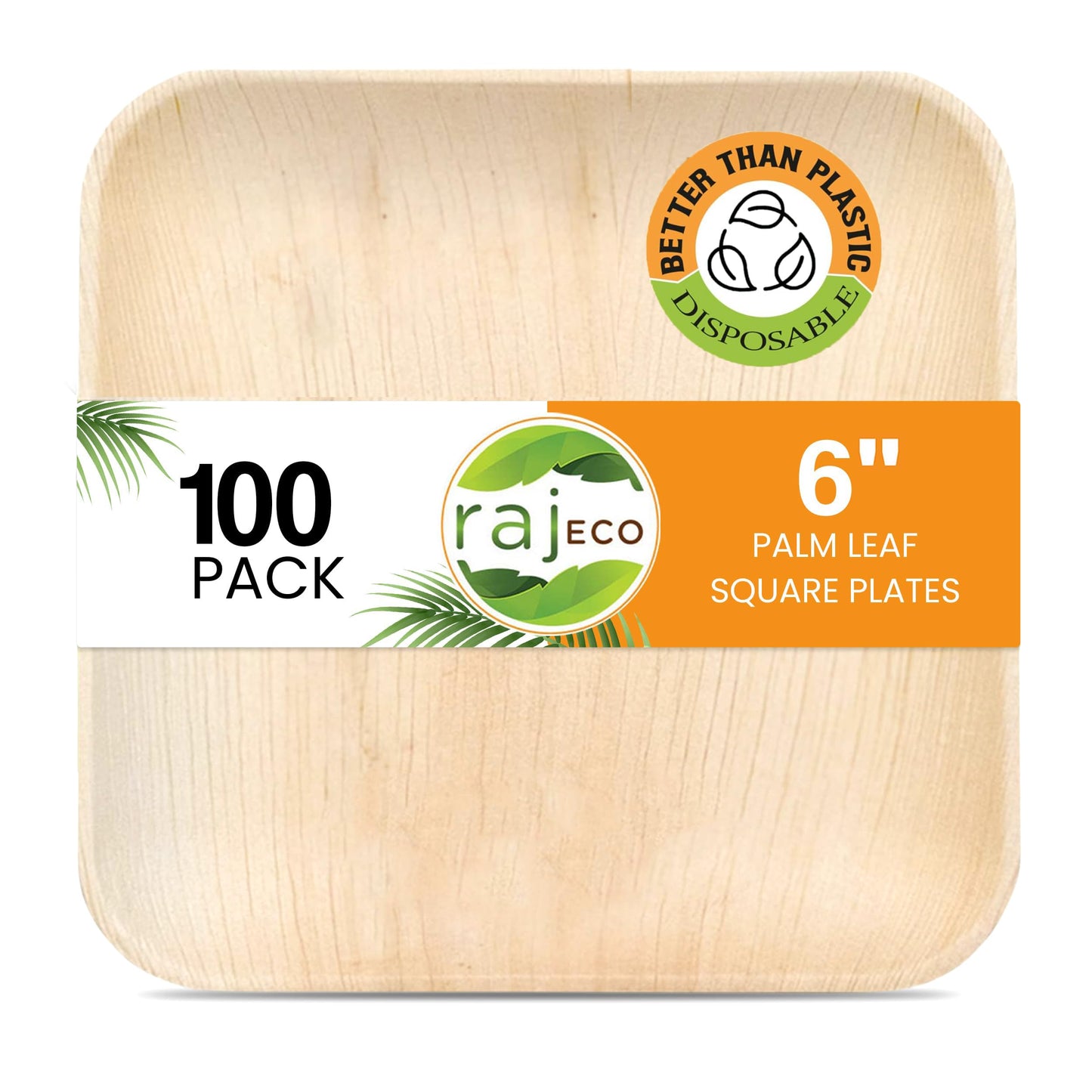 Raj Palm Leaf Plates [100-Pack] 6" Square Plates like Bamboo plates Disposable, Strong, Decorative Compostable Tableware for wedding, Lunch, Dinner