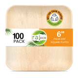 Raj Palm Leaf Plates [100-Pack] 6" Square Plates like Bamboo plates Disposable, Strong, Decorative Compostable Tableware for wedding, Lunch, Dinner