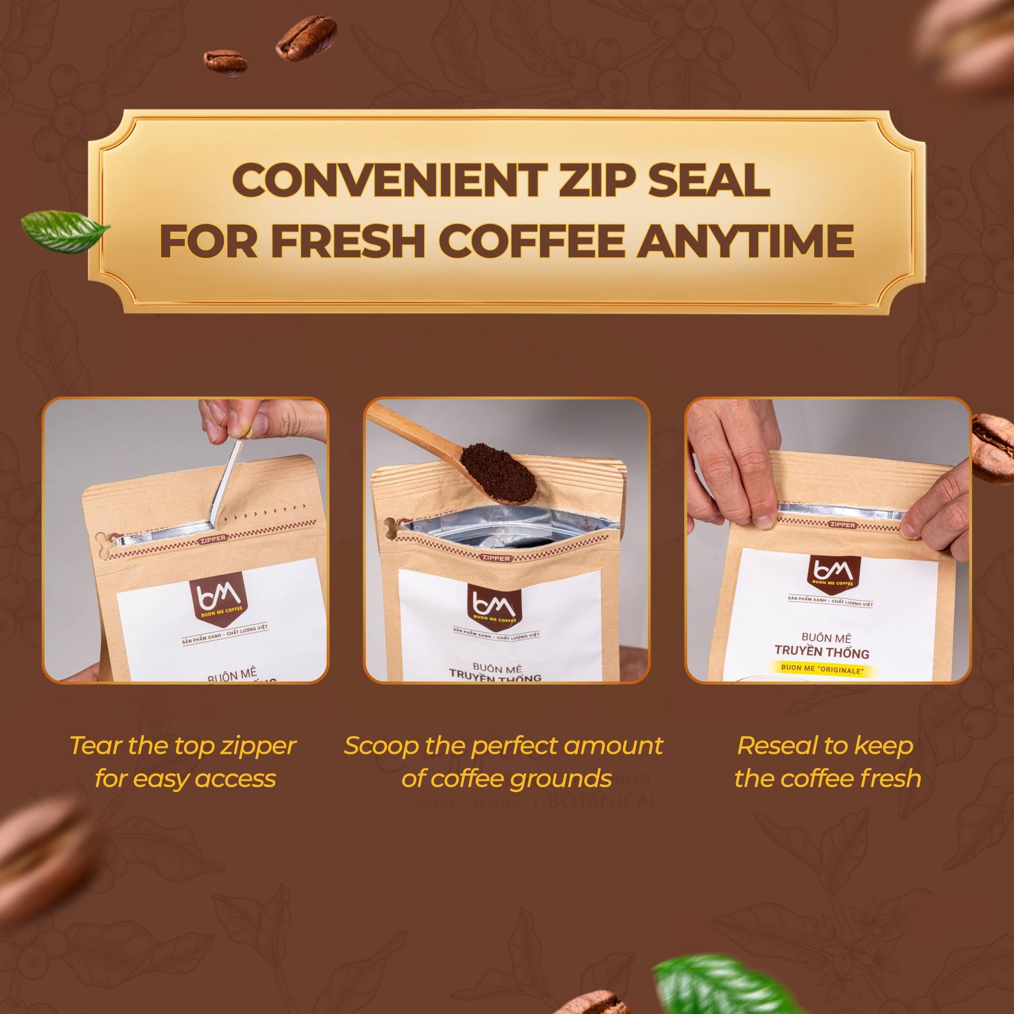 Buon Me Coffee Robusta & Arabica Coffee Beans Blend, Medium Roast, Smooth & Bold Vietnamese Coffee, 17.6oz Bag (Pack of 1)