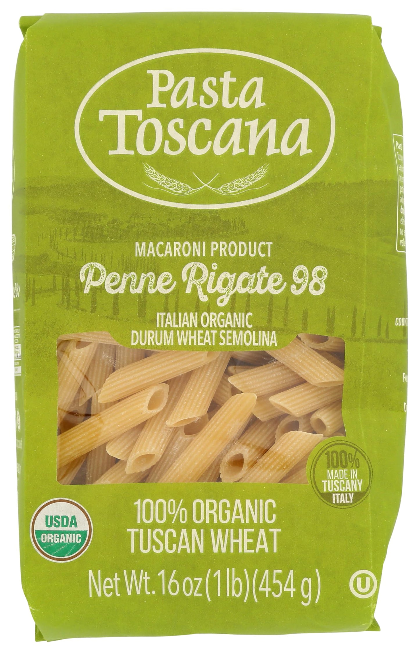 Pasta Toscana Organic Penne Rigate 1 lbs 2/Pack Imported from Italy Made with Wheat from Toscany