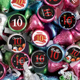 Happy 10th Birthday Party Favor Labels Chocolate Candy Stickers - Ten Years Old Birthday Round Candy Sticker Party Favors - Black and Red - 150