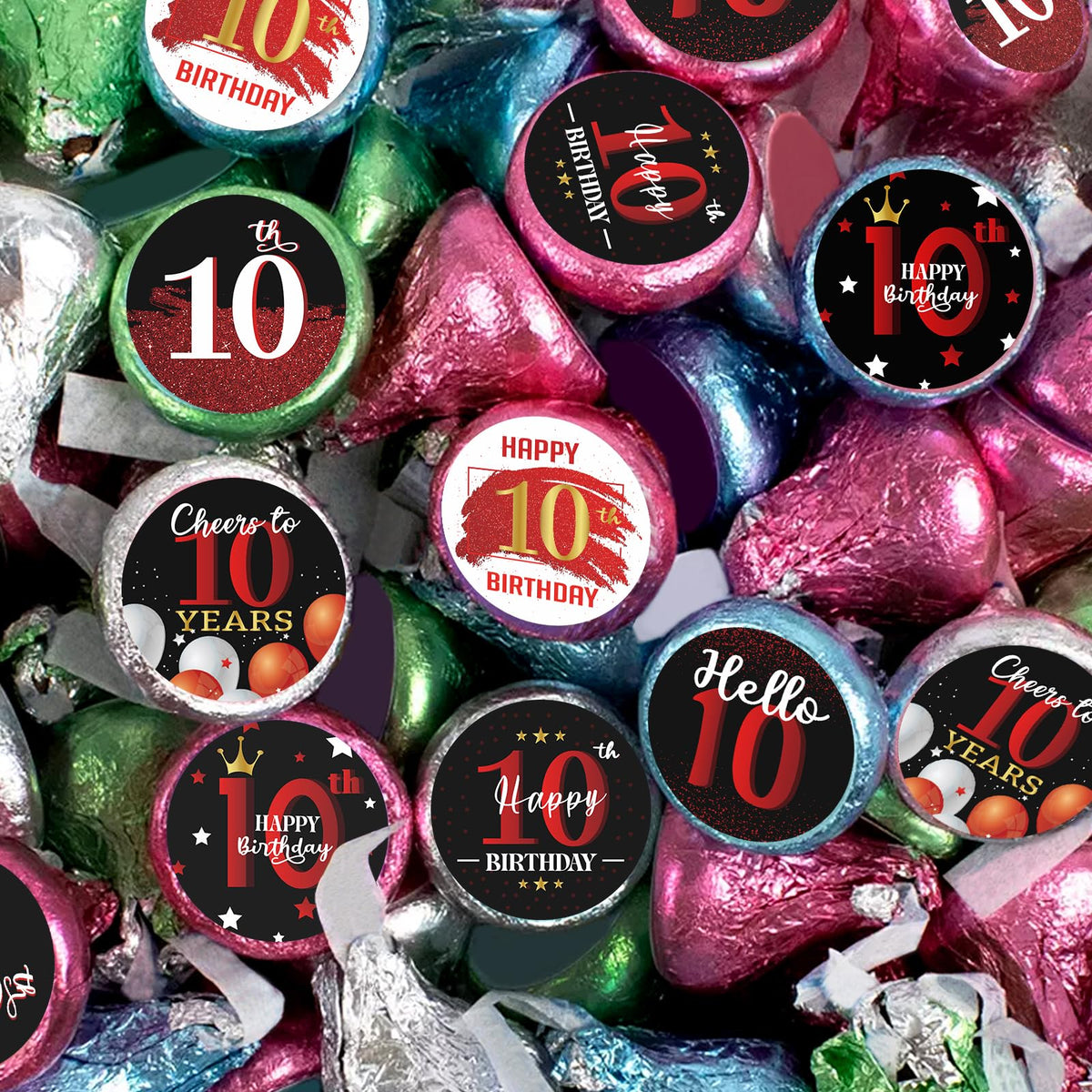Happy 10th Birthday Party Favor Labels Chocolate Candy Stickers - Ten Years Old Birthday Round Candy Sticker Party Favors - Black and Red - 150