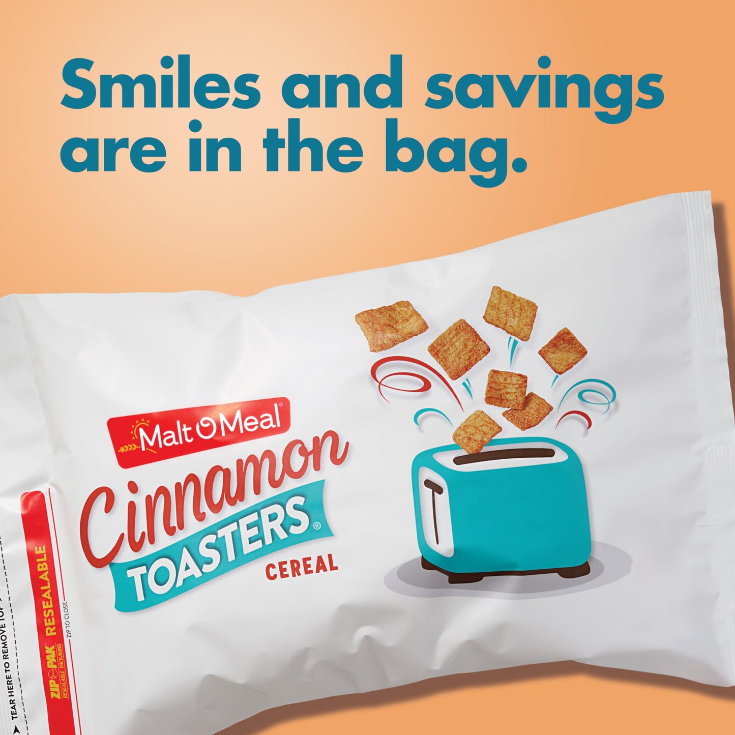 Malt-O-Meal Cinnamon Toasters Breakfast Cereal, Oven-Puffed Crispy Squares, Large Size for Family, 24 oz Resealable Bag