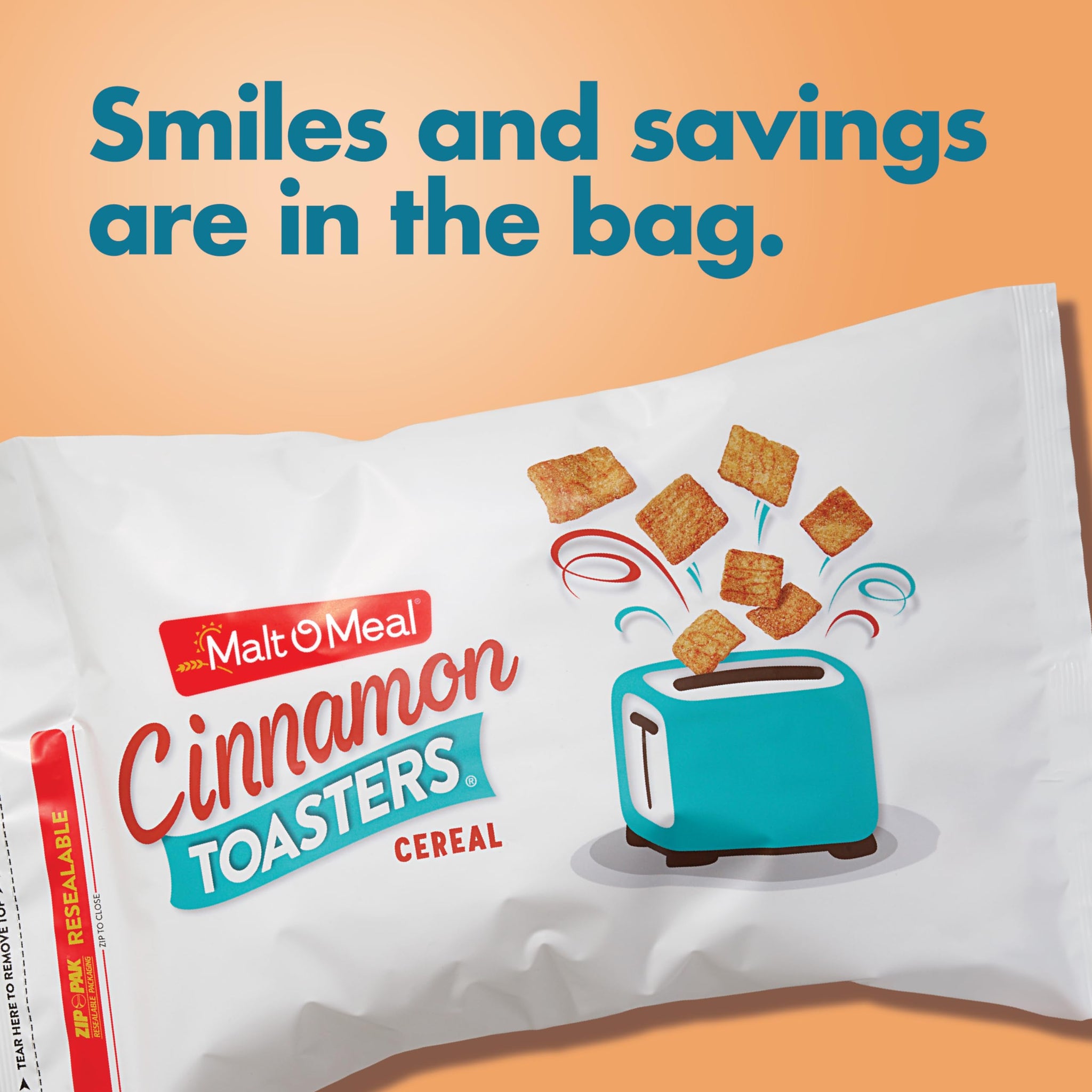 Malt-O-Meal Cinnamon Toasters Breakfast Cereal, Oven-Puffed Crispy Squares, Large Size for Family, 24 oz Resealable Bag