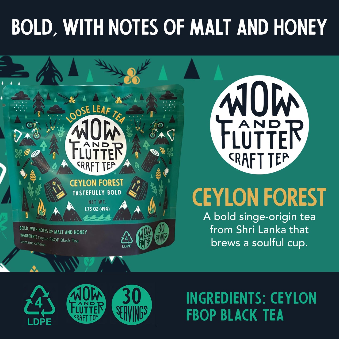 Wow and Flutter Ceylon Forest Loose Leaf Black Tea | Single-Origin Sri Lankan FBOP Leaves, Bold, Smooth & Naturally Sweet Malt + Honey Notes |
