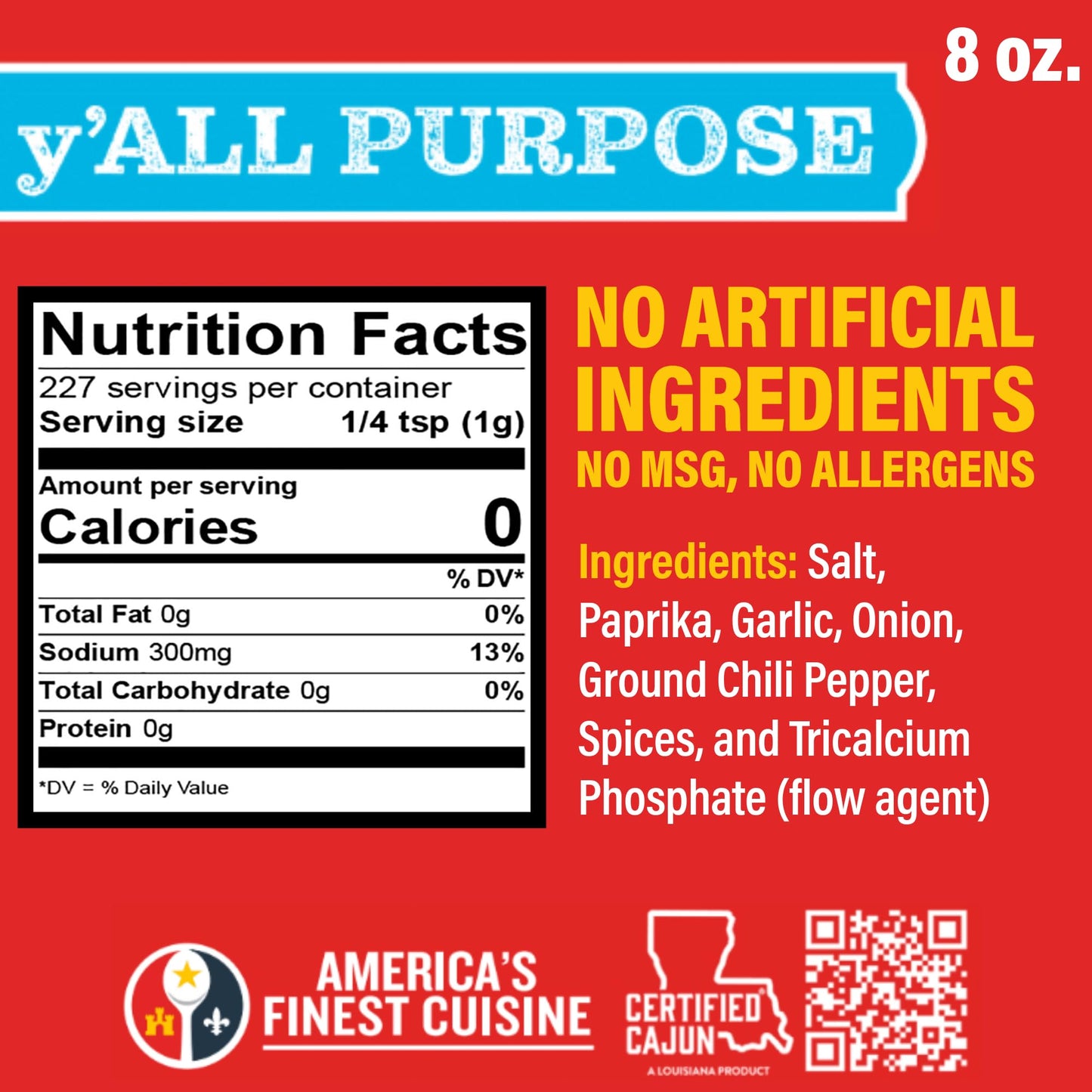 Ragin' Cajun y'ALL PURPOSE Seasoning - 8 oz Shaker, Low Sodium, No MSG - Mild Louisiana Cajun Spice for Meats, Seafood & Veggies