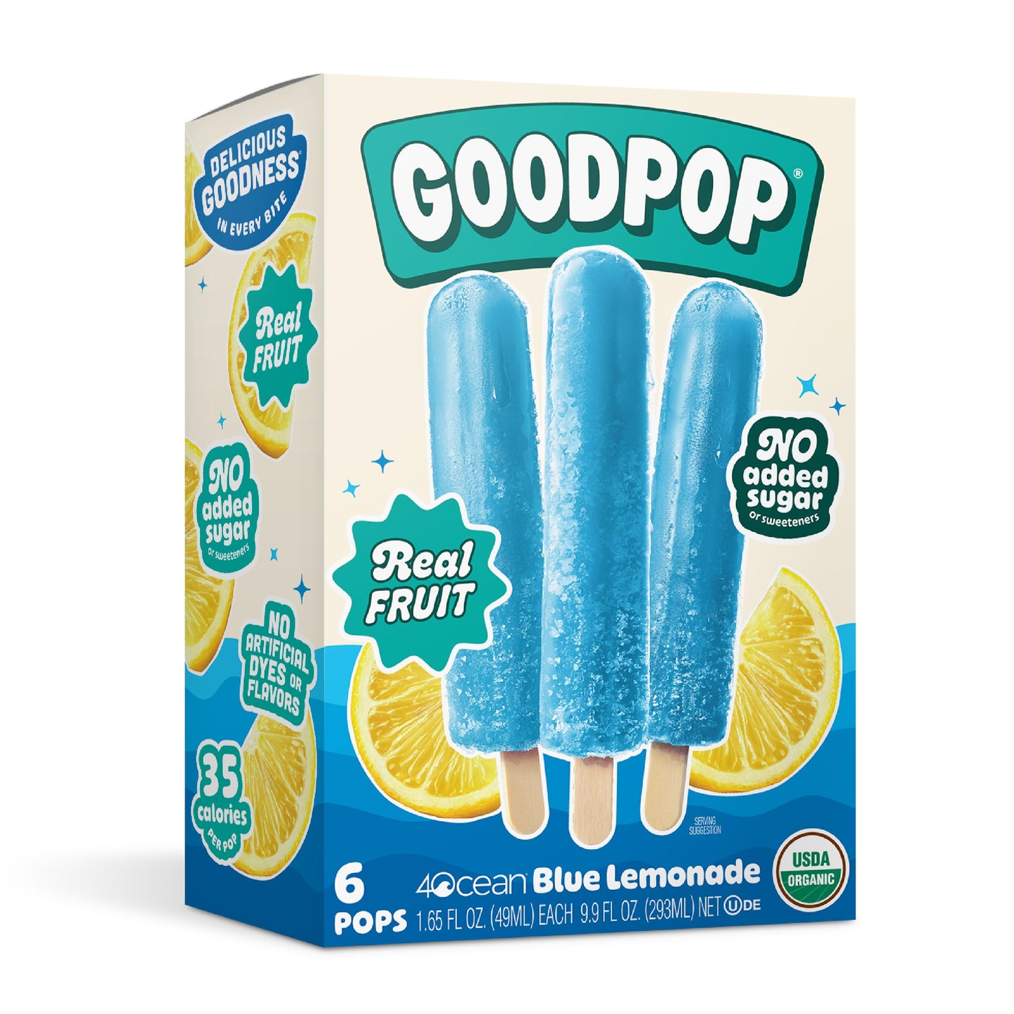 GOODPOP - 4ocean Organic Blue Lemonade Ice Pops - Fruit Juice, No Artifical Dyes or Flavors, No Added Sugar, 6 Count