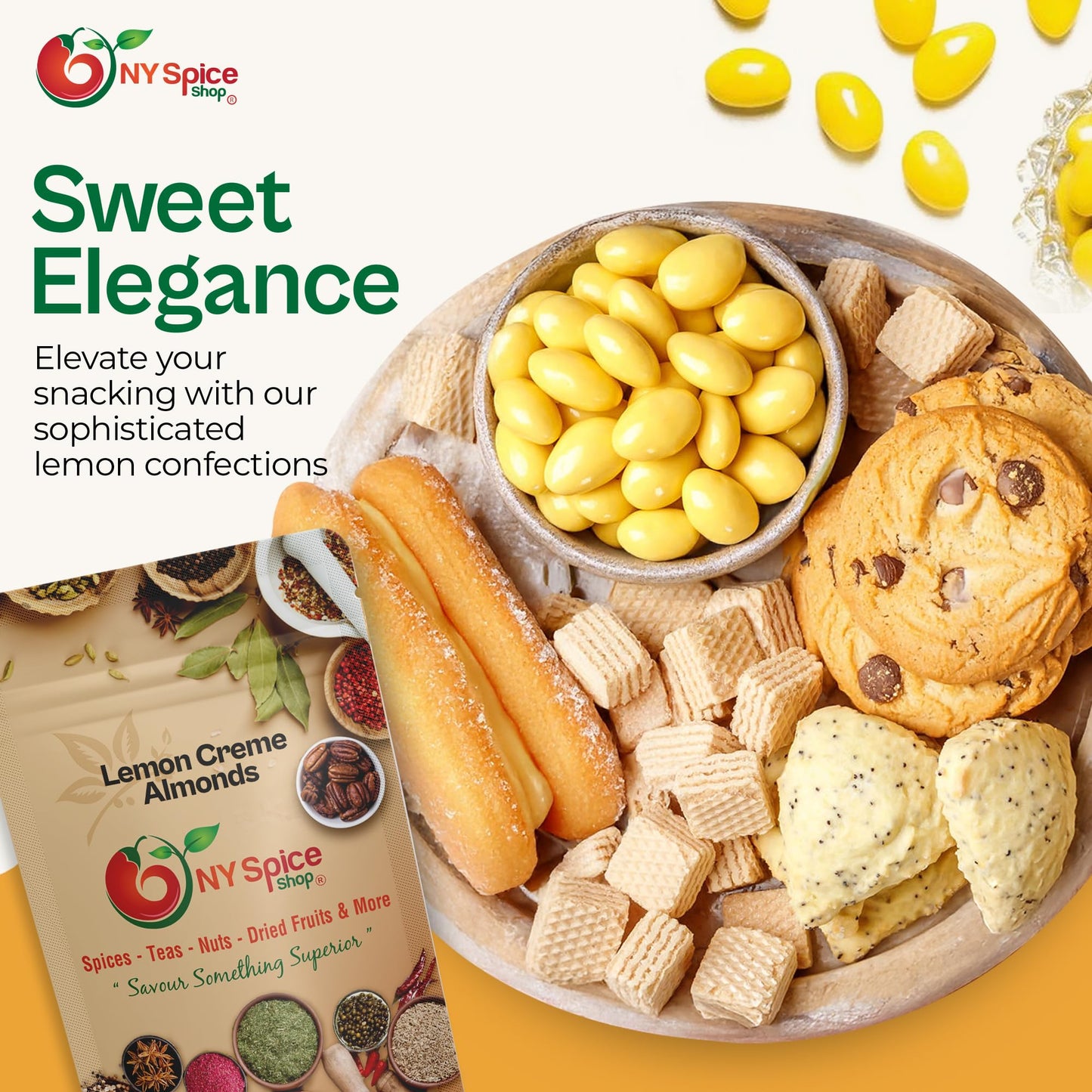NY Spice Shop Lemon Creme Chocolate Covered Almonds - 1 Pound Candied Creamy Crunchy Flavored Almonds Bulk For Birthday Parties, Bridal Shower