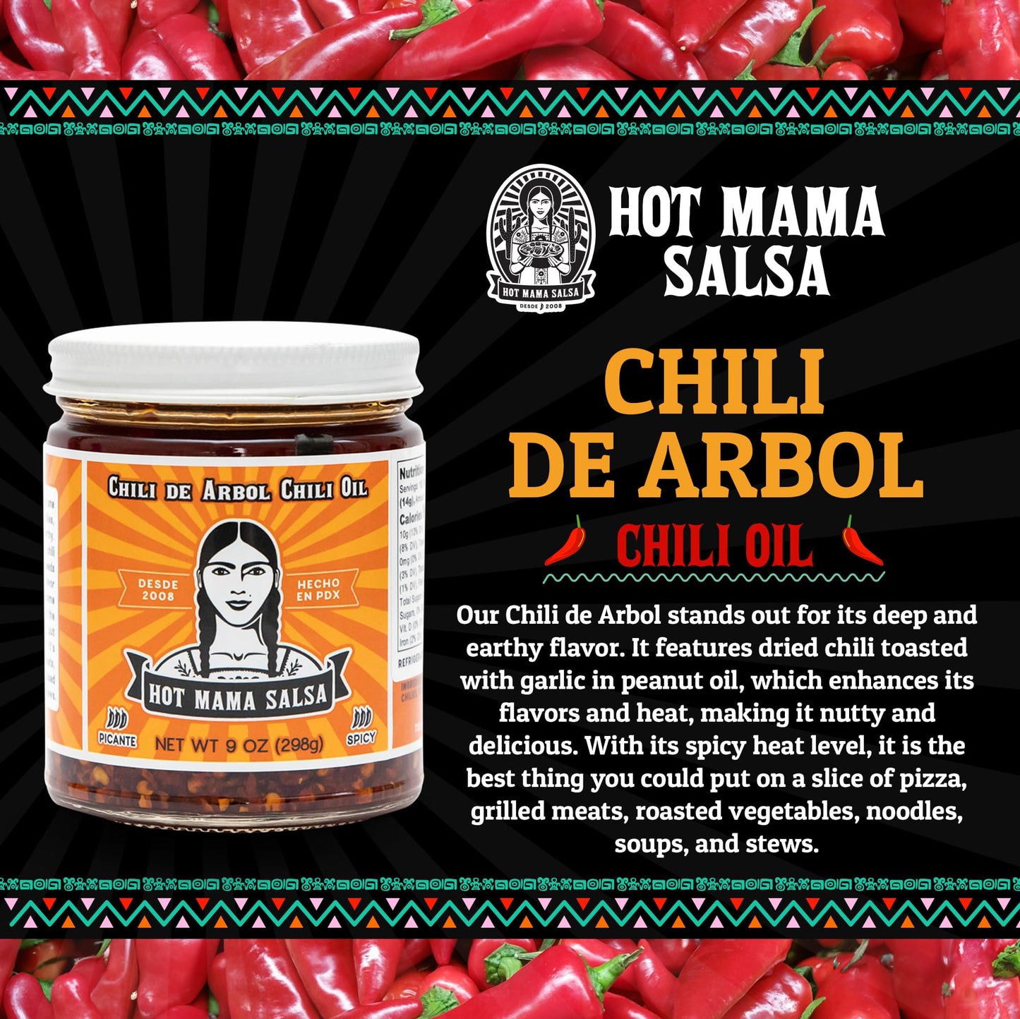 Hot Mama Salsa Chili de Arbol Chili Oil - A Chili Oil Rich in Antioxidants, Low Calorie, No Preservatives, Additives, or GMOs - Perfect for Mushrooms
