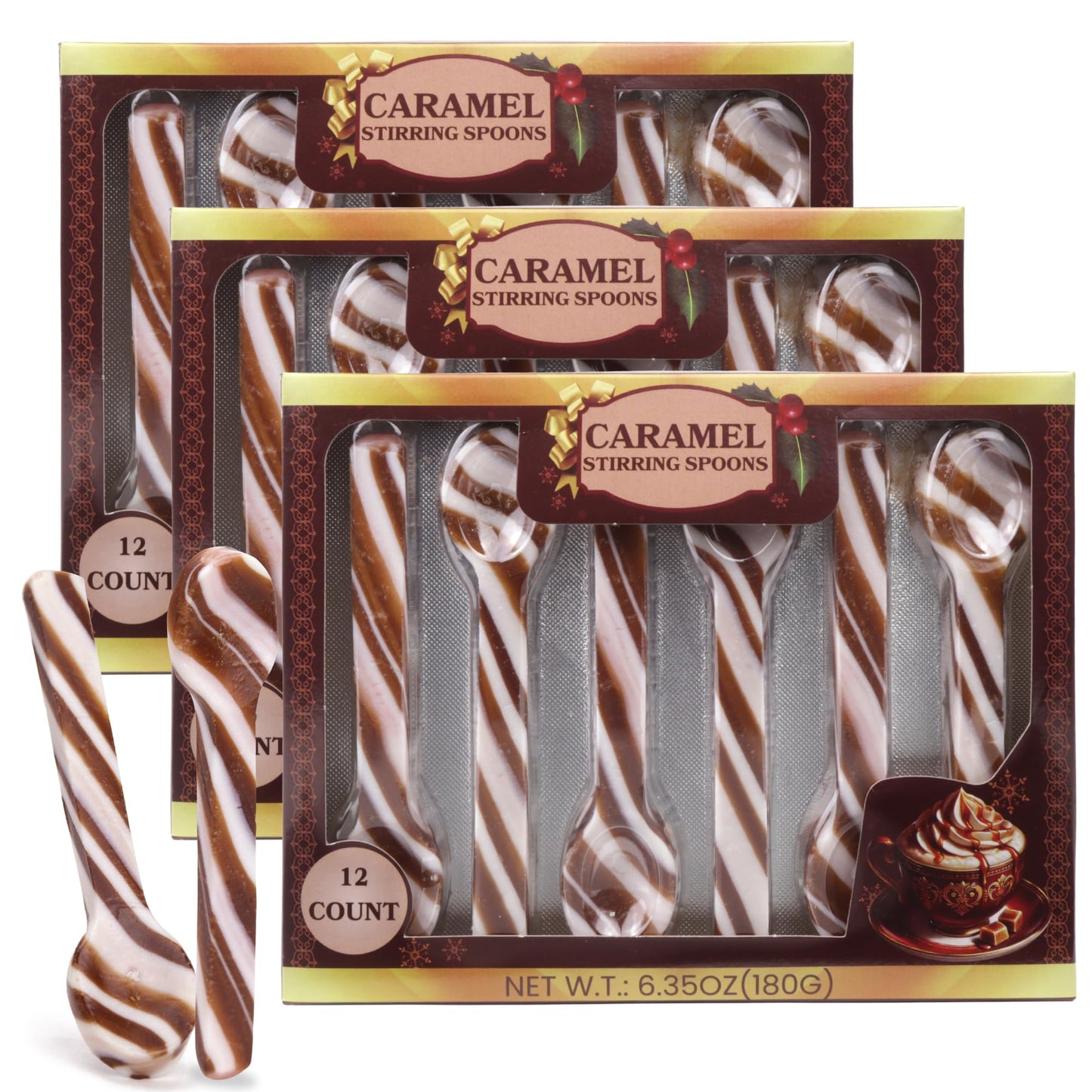 Christmas Caramel Candy Spoons, Hot Chocolate and Coffee Stirring Sticks, 36 Total Pieces (Pack of 3)