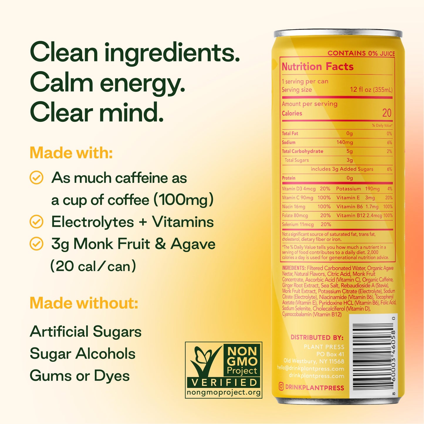 Plant Press - Organic Energy Drink, 100 mg Caffeine Clean Coffee Alternative, Full Range of Vitamins, Electrolytes, No Sugar Alcohols, No