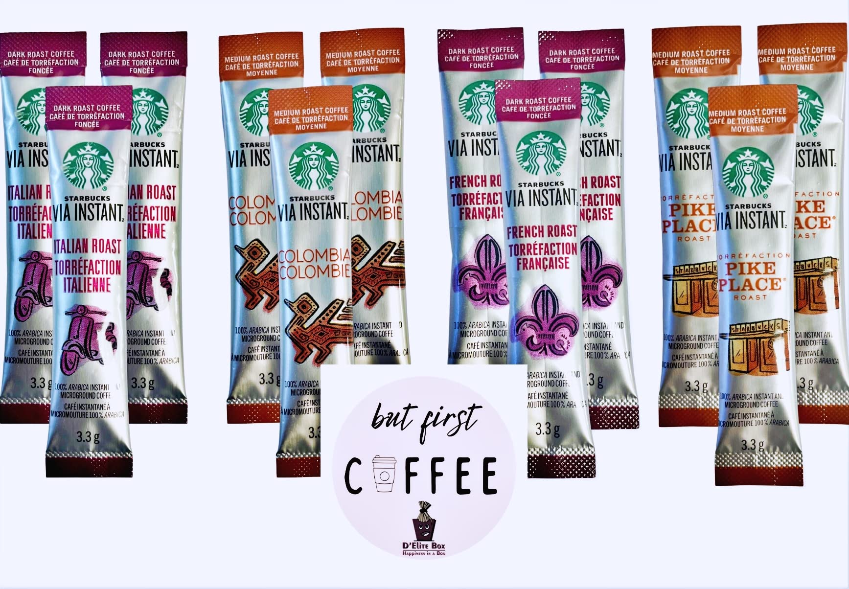 VIA D'Elite Box Variety Sampler Pack Instant Coffee Gift 12 sticks - French Roast, Pike Place, Colombia, Italian Roast with Free Bonus 2 Packets