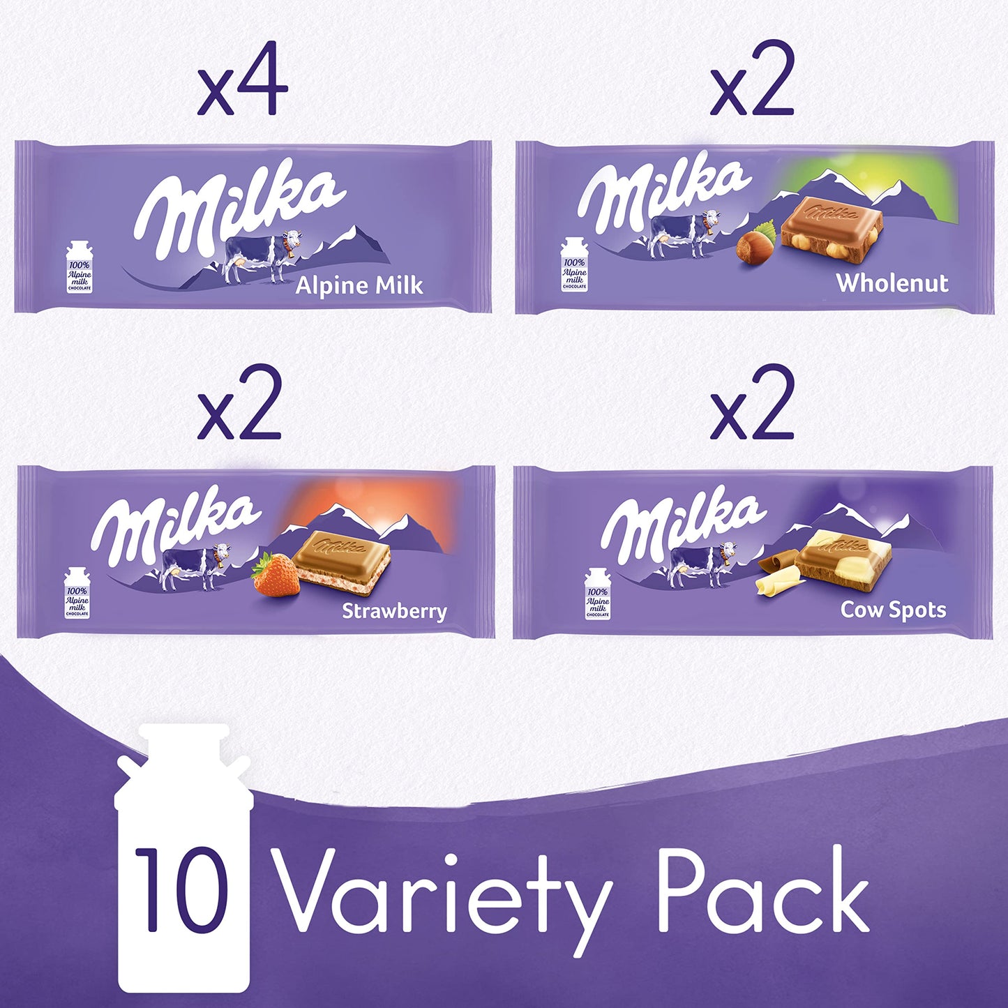 Milka European Chocolate Bars Variety Pack, Alpine Milk Chocolate, Cow Spots, Strawberry & Wholenut Hazelnut, 10 - 3.52 oz Bars