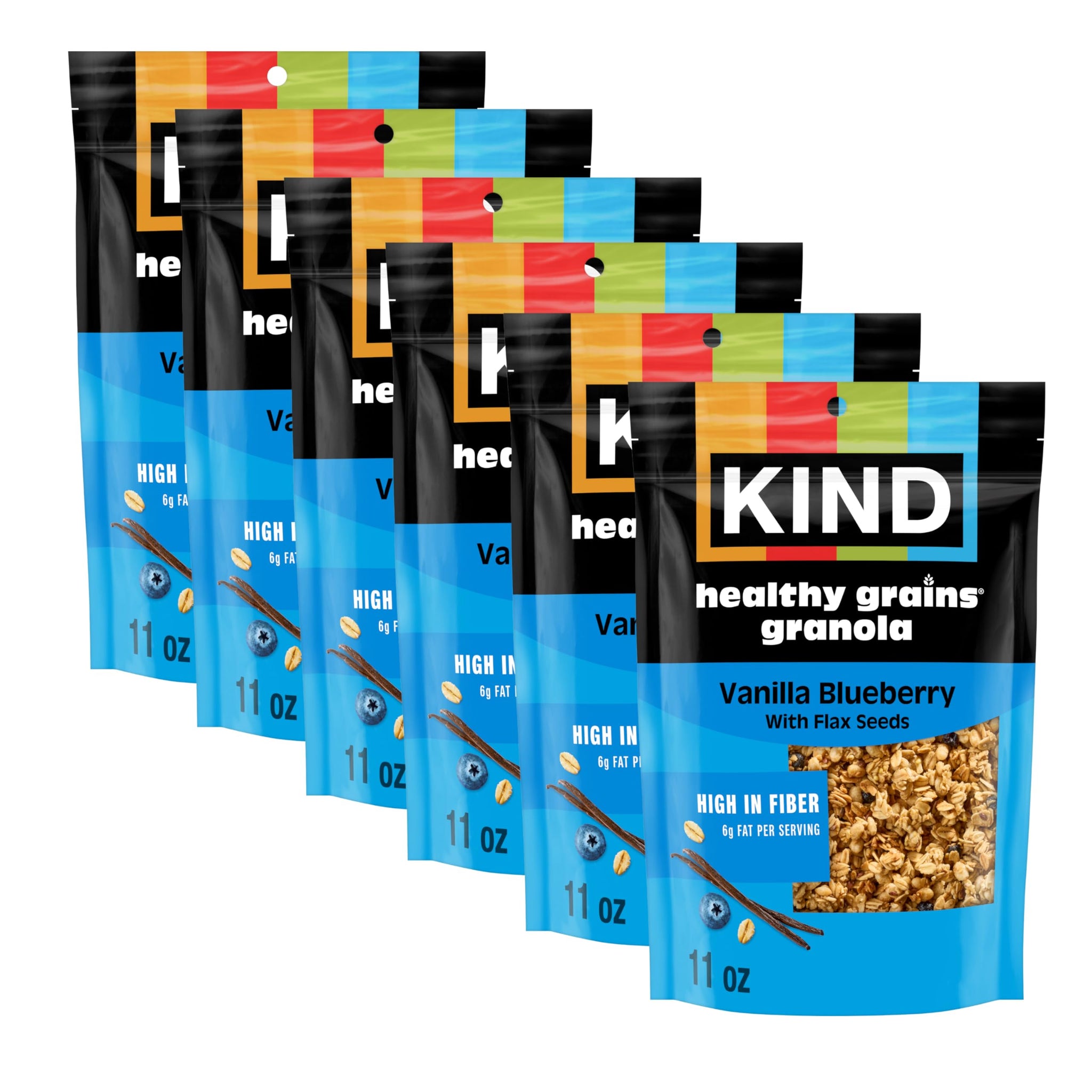 Kind Healthy Grains Granola, Vanilla Blueberry Clusters with Flax Seeds, Gluten Free, Healthy Snack Mix, 6g Protein, 11oz, 6 Count