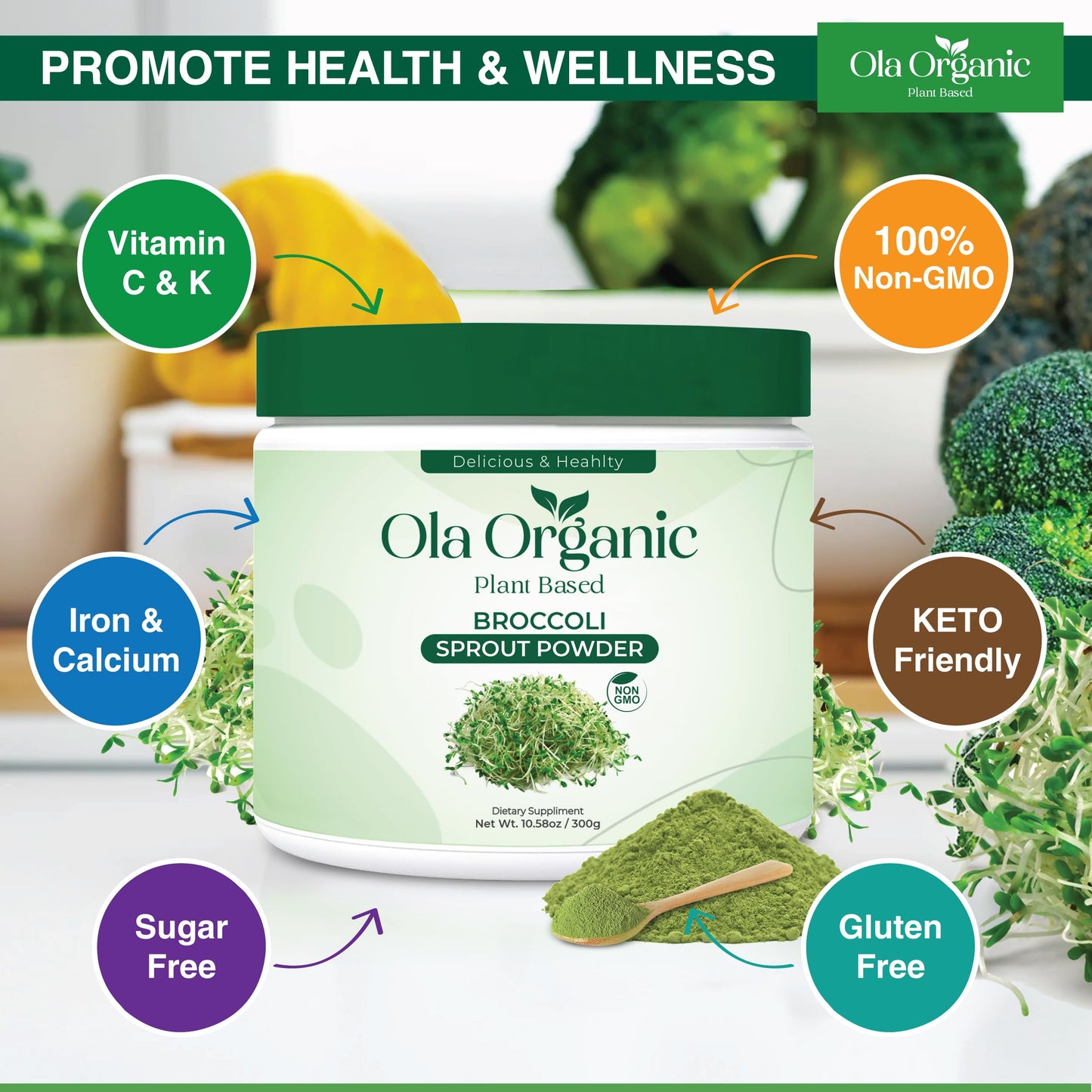 Ola Organic Broccoli Sprout Powder - Sulforaphane-Rich Superfood with Vitamins & Minerals- Supports Daily Wellness & Vitality - Non-GMO (300g Jar)