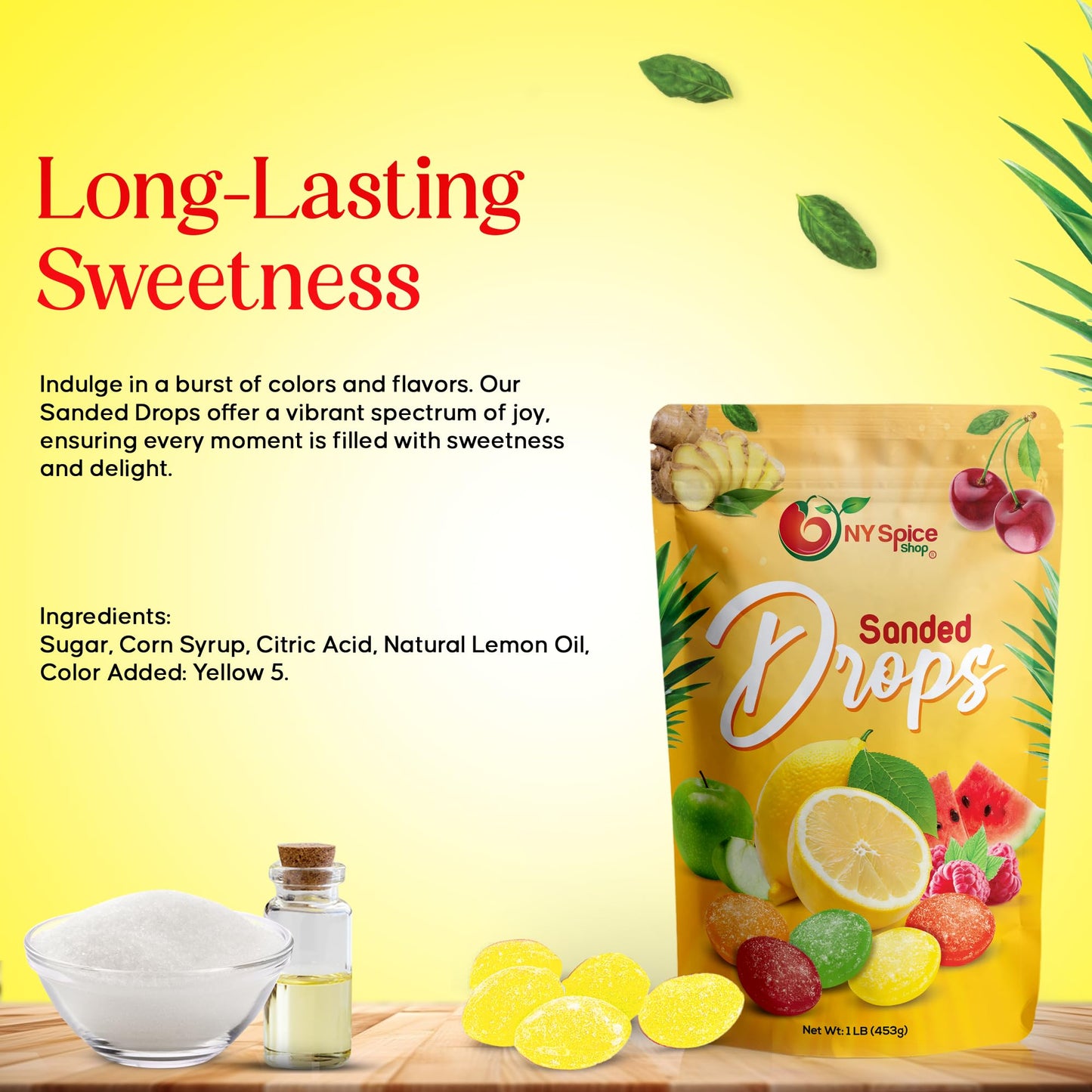 NY Spice Shop Sanded Lemon Drops - 1 Pound Lemon Hard Candy - Old Fashioned Candy - Candy Bulk - Tangy and Sweet Delicious Candy - Healthy Snacks