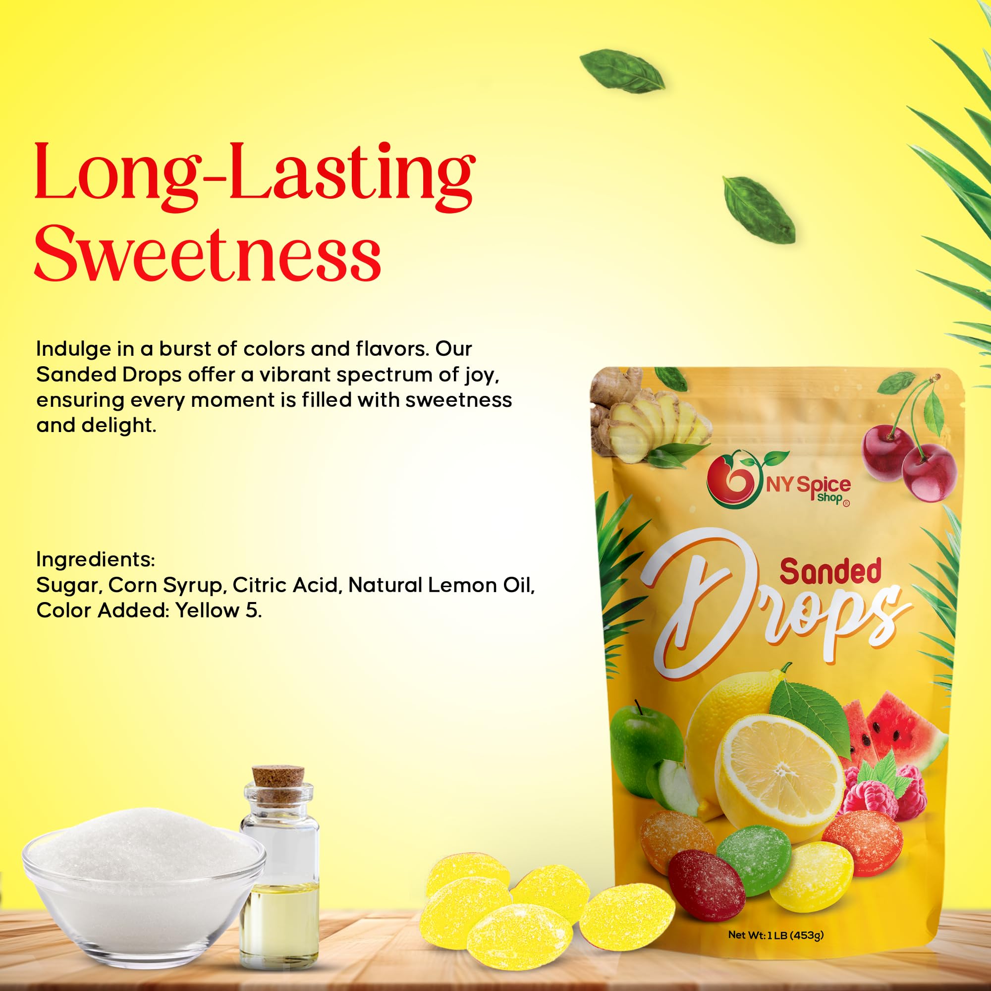 NY Spice Shop Sanded Lemon Drops - 1 Pound Lemon Hard Candy - Old Fashioned Candy - Candy Bulk - Tangy and Sweet Delicious Candy - Healthy Snacks