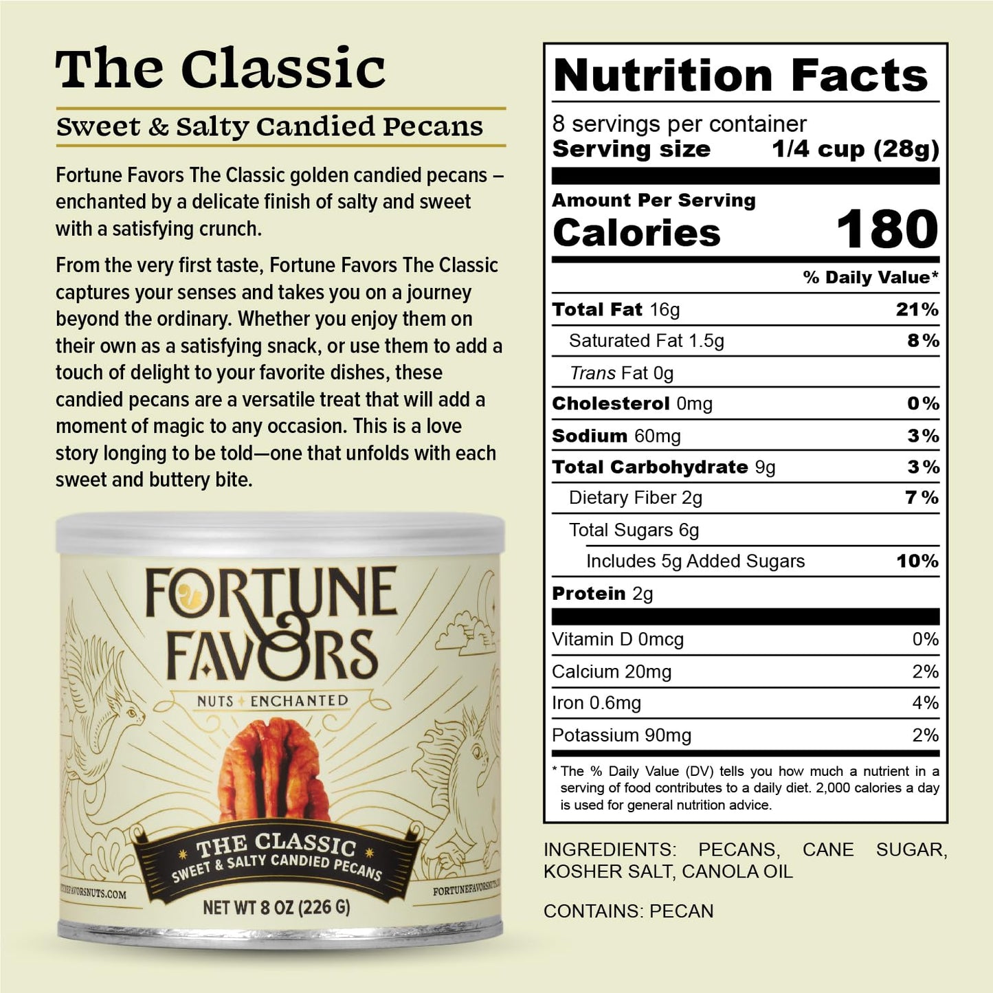 Fortune Favors Candied Pecans, Sweet and Salty Snack, Hand Crafted in Small Batches, USA-Grown (8oz, Classic)