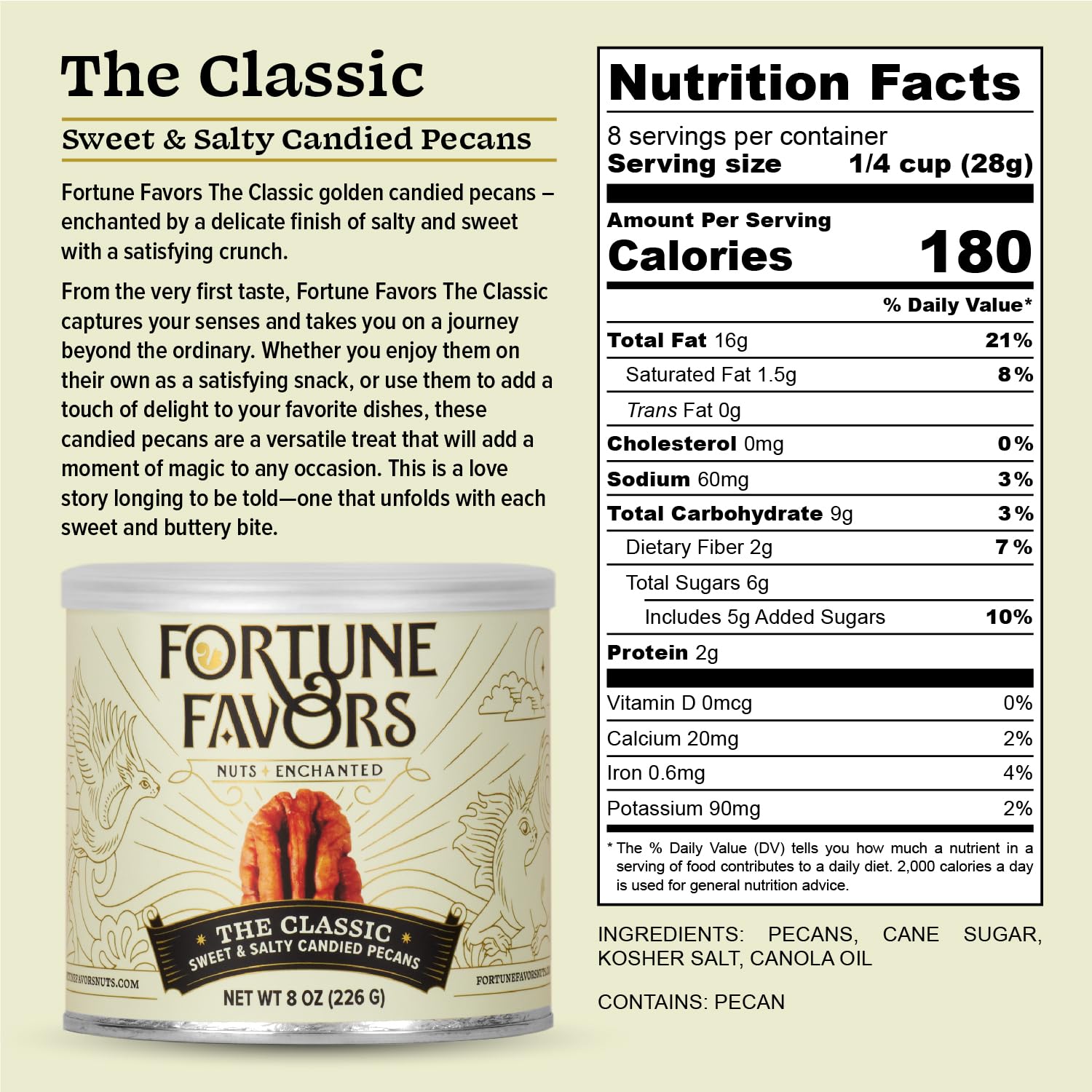 Fortune Favors Candied Pecans, Sweet and Salty Snack, Hand Crafted in Small Batches, USA-Grown (8oz, Classic)