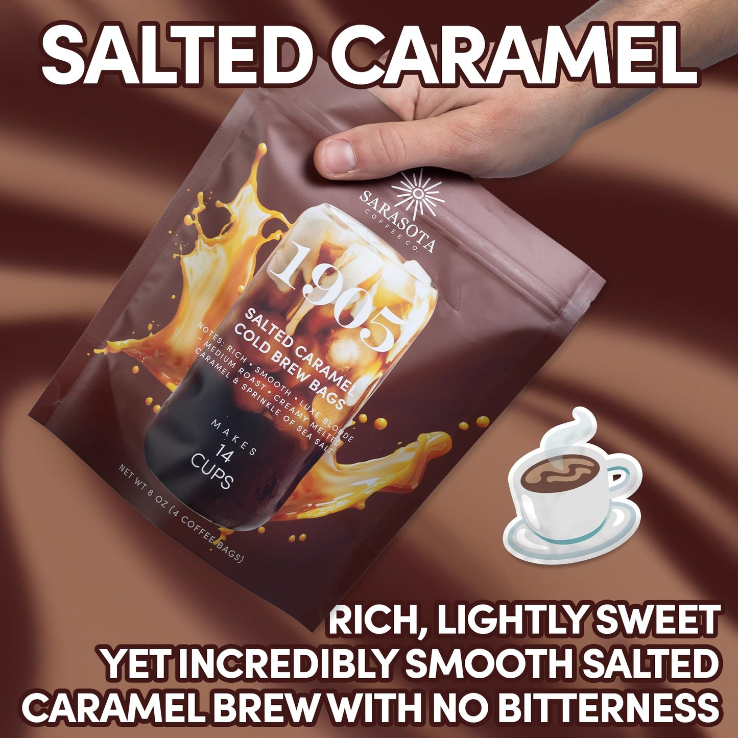 Sarasota Coffee 1905 Cold Brew Coffee Bags | Salted Caramel | Blonde-Medium Roast | Smooth & Low Acid | Ground Filter Packs | Cold Brew Kit Makes 14