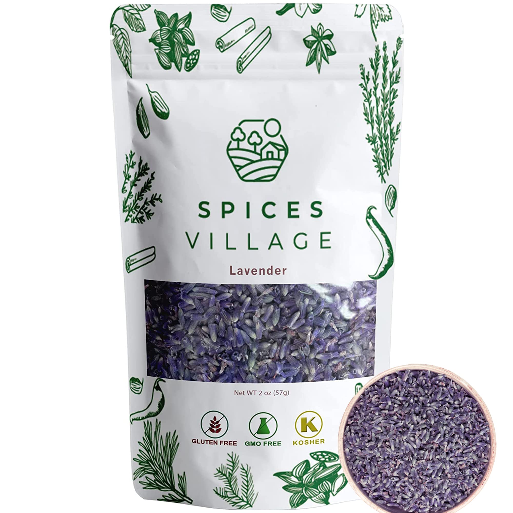 SPICES VILLAGE Dried Lavendar, Dried Lavender Buds, 2 oz, Herbal Tea, Potpourri, Wedding Confetti, Pillow - Kosher, Gluten Free, Vegan, Non GMO