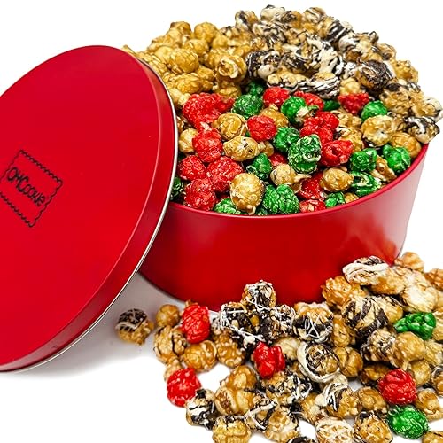 Christmas Popcorn Holiday Gift For Men Women Tin Assortment Caramel Candied Drizzled Food Gourmet Treats Red Green
