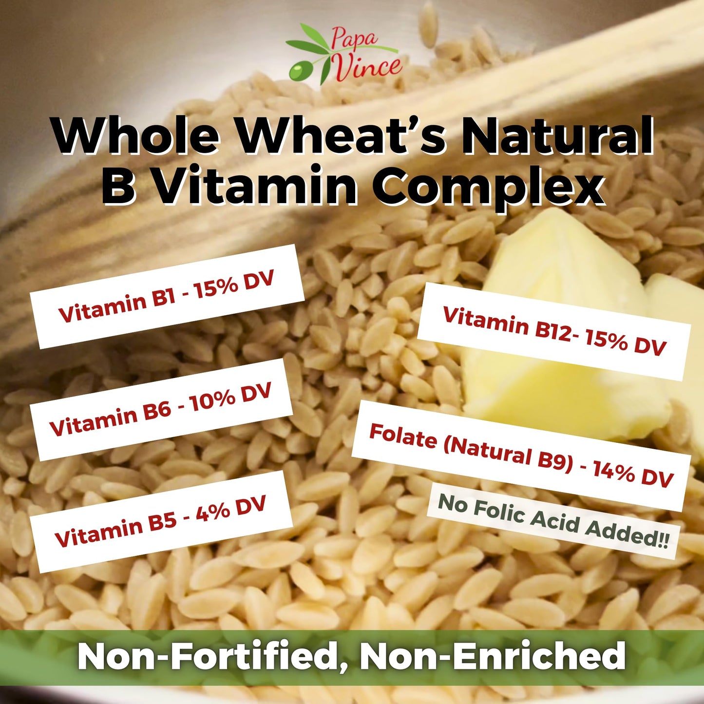 Papa Vince Organic Whole Wheat Non Enriched Orzo Pastina: Low Gluten Italian Pasta made in Italy from Organic Non GMO Khorasan Ancient Grain grown in