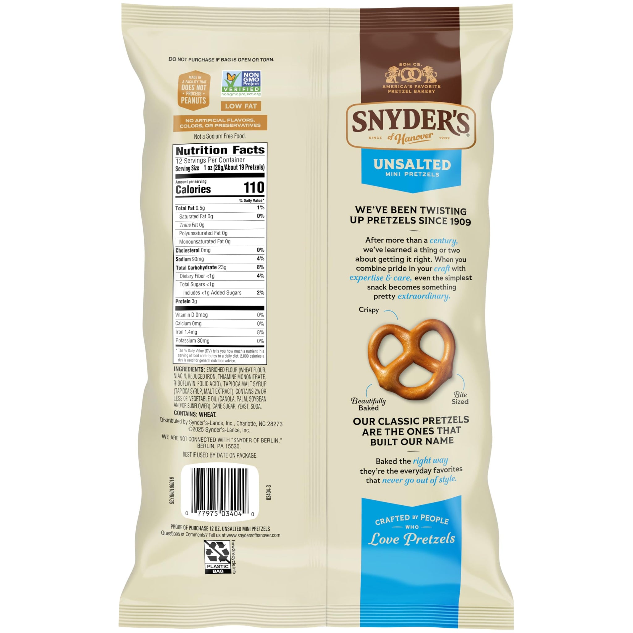 Snyder's of Hanover, Unsalted Mini Pretzels, 12 Oz Bag