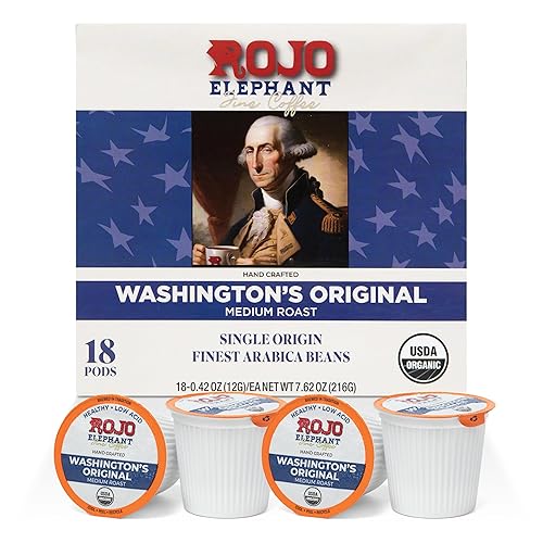 Rojo Elephant Washington’s Original Low-Acid Compatible Replacement for K-Cup Pods, Medium Roast, Premium Coffee, USDA Organic, 12g per Capsule, 18