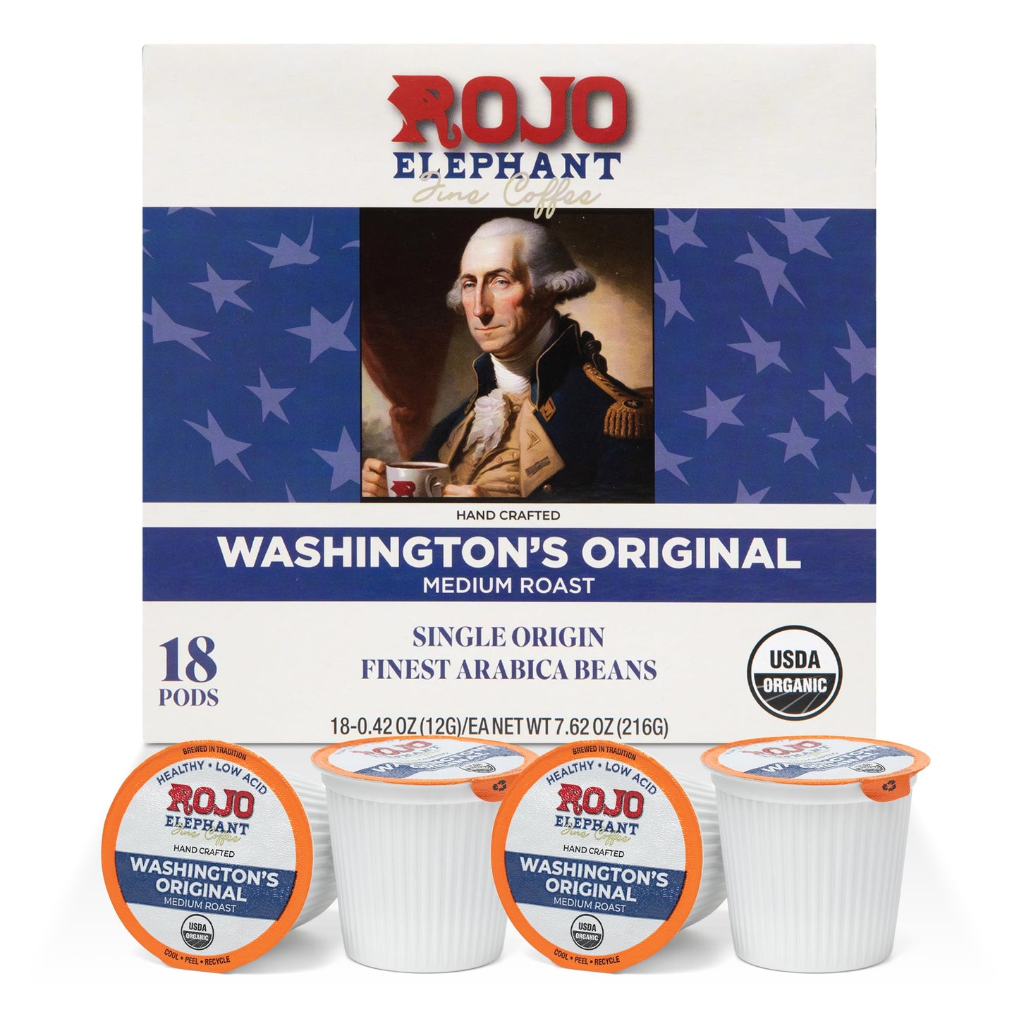 Rojo Elephant Washington’s Original Low-Acid Compatible Replacement for K-Cup Pods, Medium Roast, Premium Coffee, USDA Organic, 12g per Capsule, 18