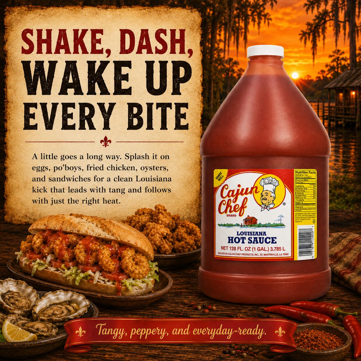 Cajun Chef Louisiana Hot Sauce 1 Gallon, 128 fl oz (Pack of 4) - Cajun Cayenne Pepper Sauce, Mild Heat Hot Sauce for Gumbo, Seafood, Soups, Wings