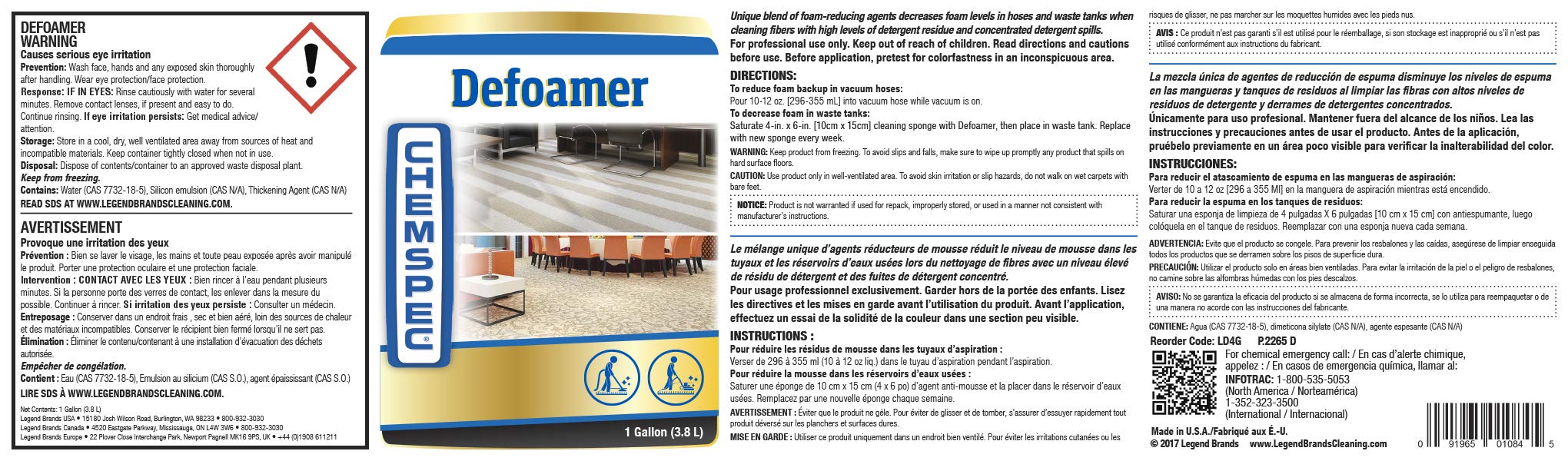 Chemspec Liquid Defoamer, Professional Strength Antifoaming for Carpet Cleaning Systems, 1 Gal (C-LD1G)