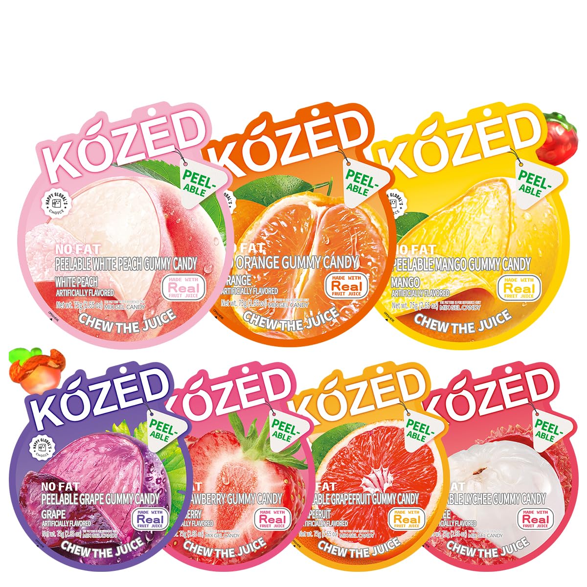 Happy Global's Choice Kozed Peelable Gummy Candy 7 Mixed Flavors Variety Pack, Fun Fruity Role Party Snack, Chewy Sweet Treat with Juicy