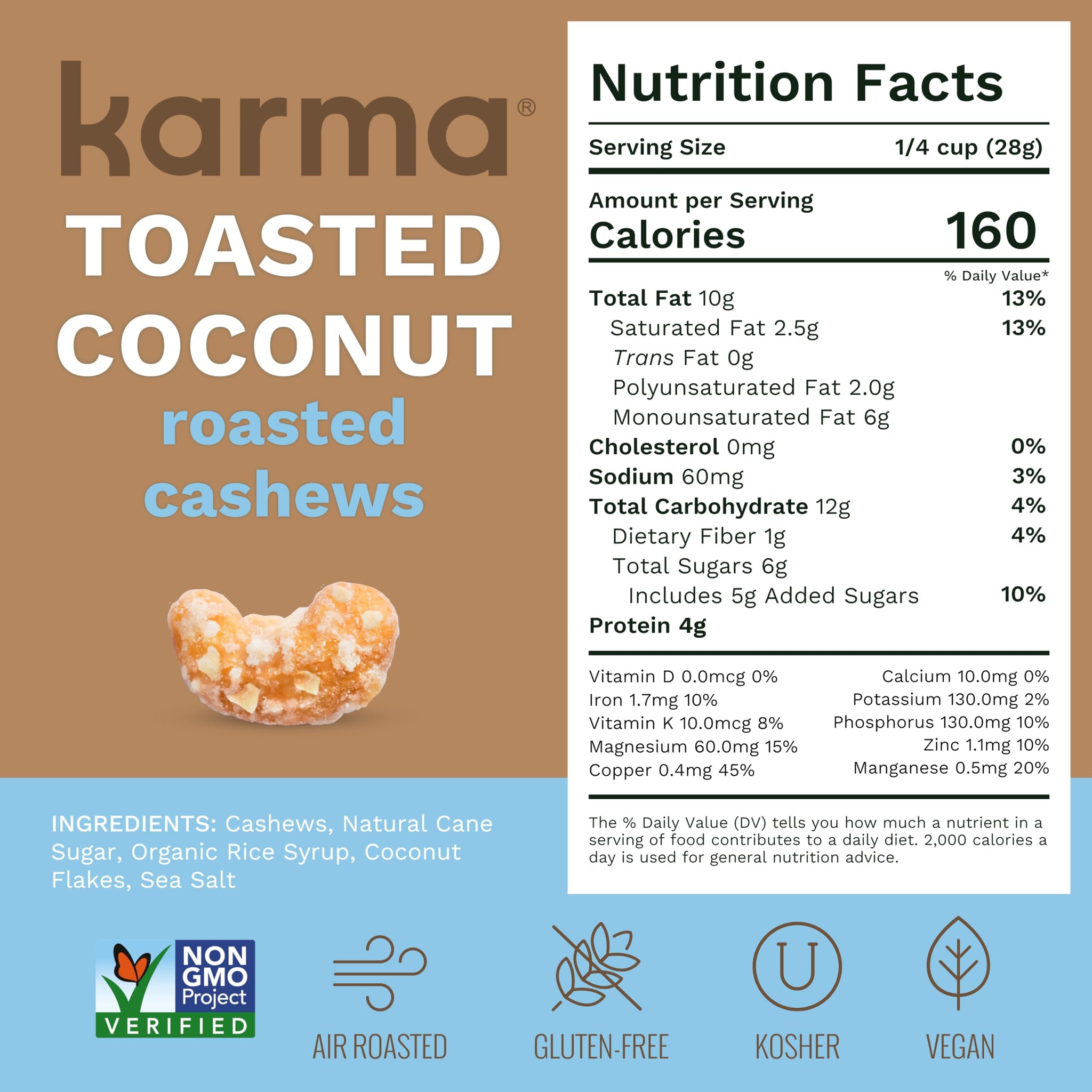 Karma Nuts Toasted Coconut Air Roasted Whole Cashews (32oz, Pack of 1) Lightly Sweetened, Peanut-Free Facility, Kosher, Gluten Free Vegan Snacks, Non