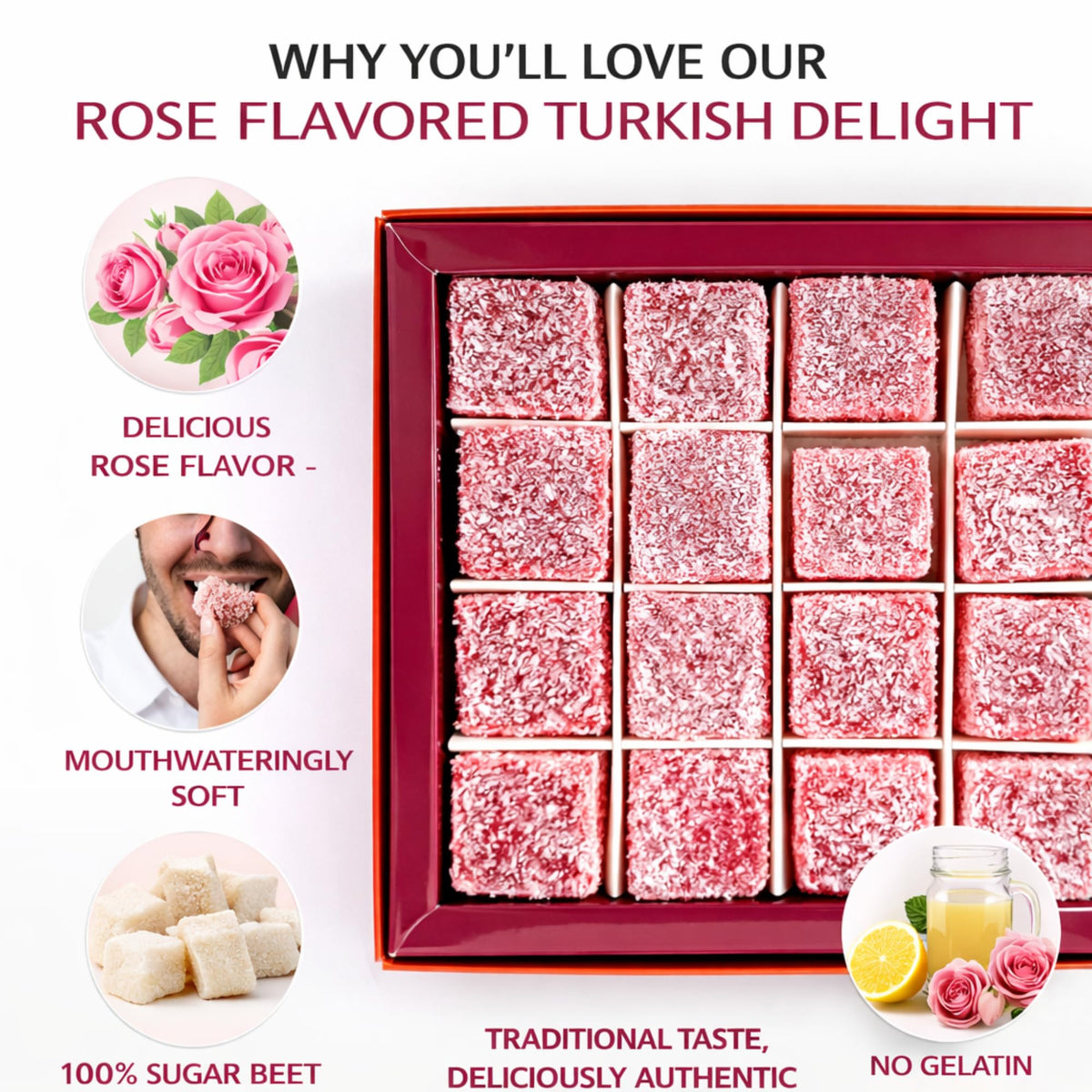 Turkish Delight Rose Flavor (Lokum) - Soft & Fresh Gourmet Candy - Coconut Coated - No Additives - Made with Sugar Beet - Premium Gift Box - 450g
