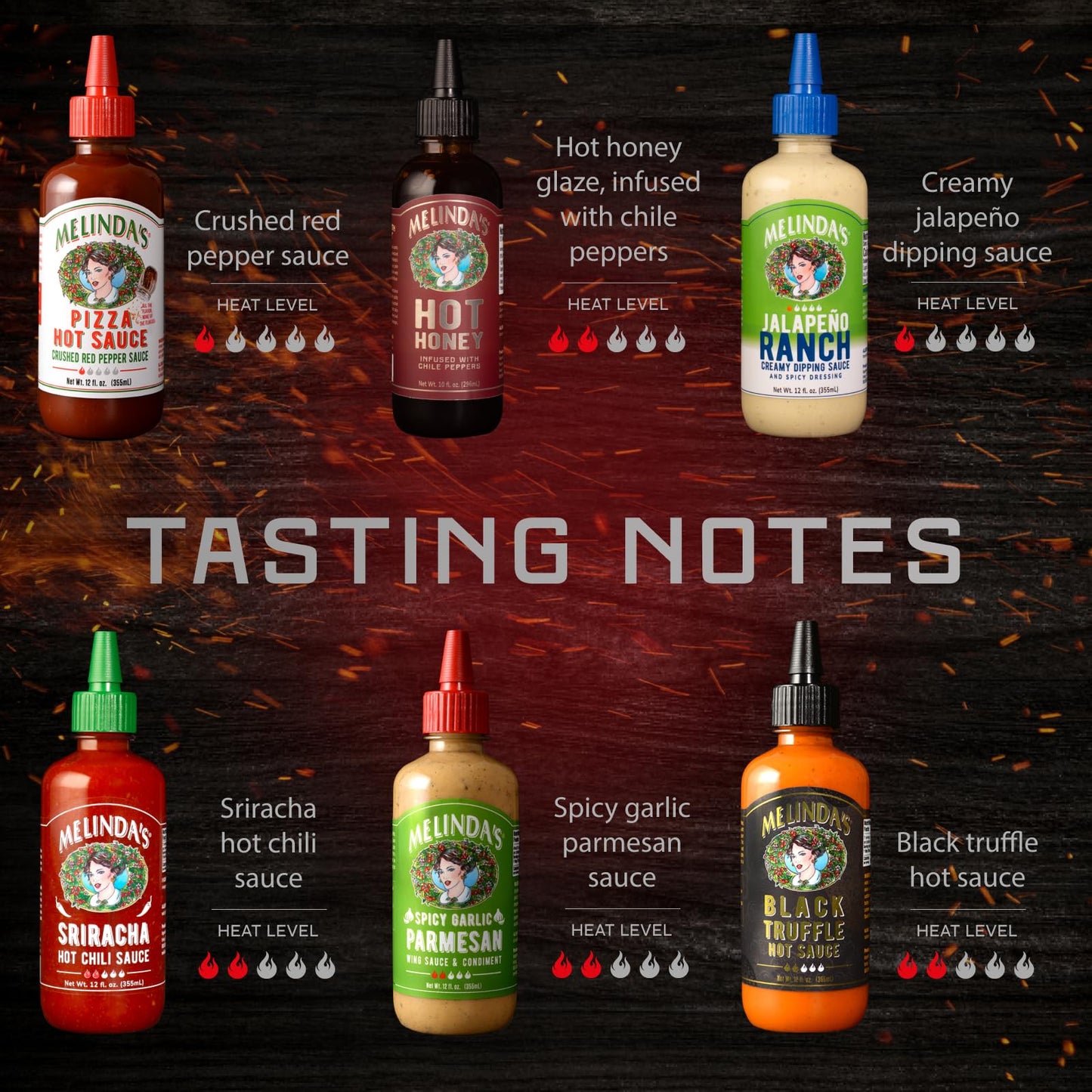 Melinda’s Pizza Collection - 6 Pack (70 Oz) - Gourmet Pizza Hot Sauce Gift Set with Hot Honey, Black Truffle, Jalapeño Ranch & More - Gluten Free